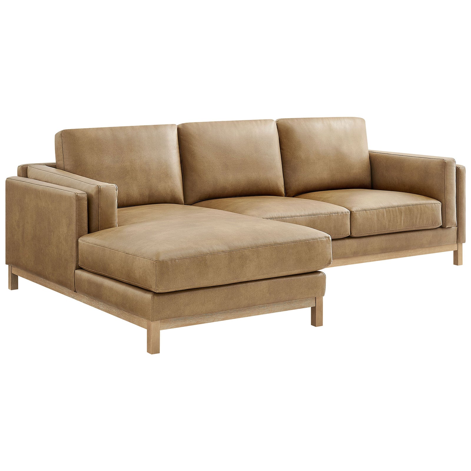 Roscoe left-facing toast vegan leather sectional with broad chaise and tailored box cushions || EEI-7376-TST || front_angle_studio