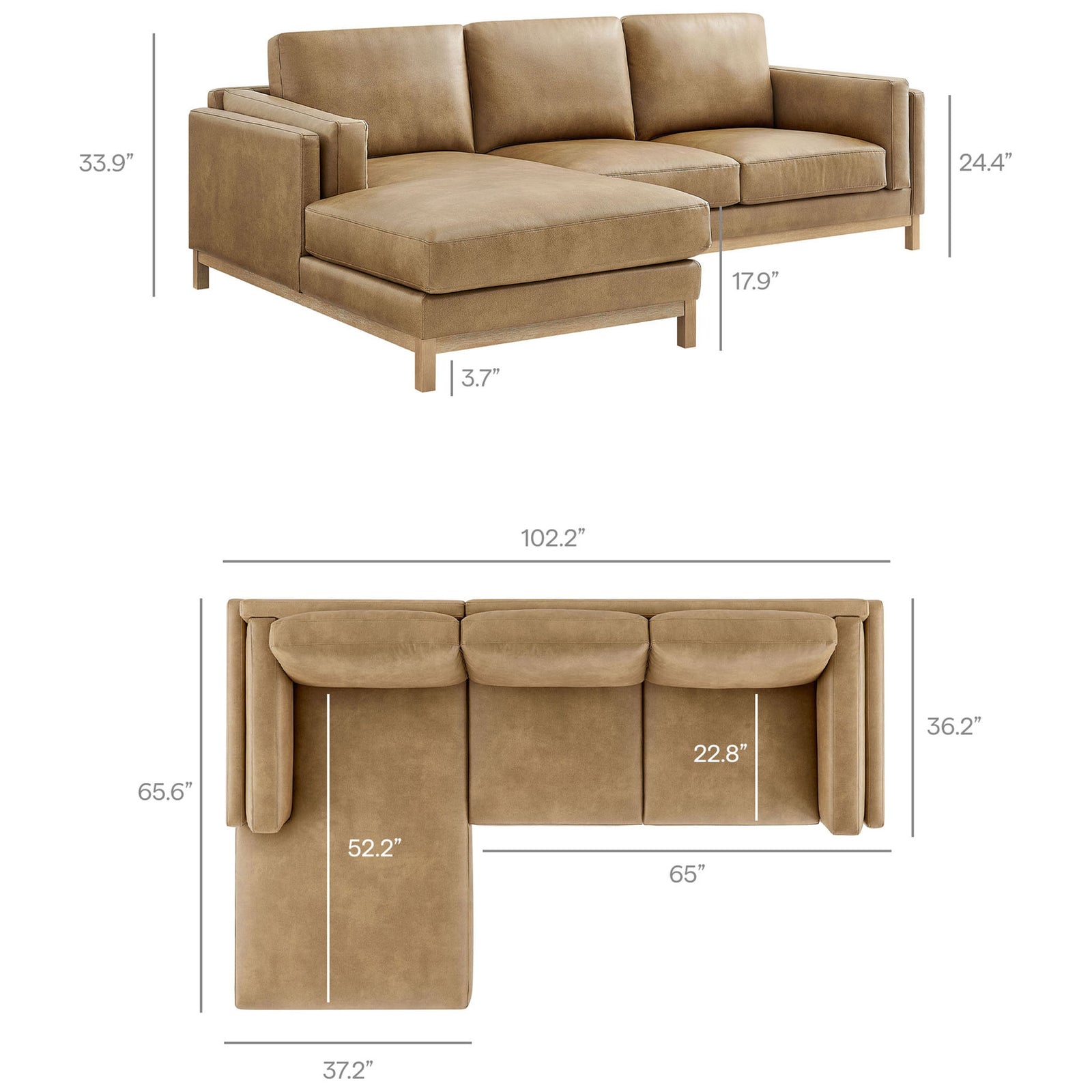 Roscoe left-facing sectional dimensions highlighting chaise depth, seat width, and height || EEI-7376-TST || dimension_studio