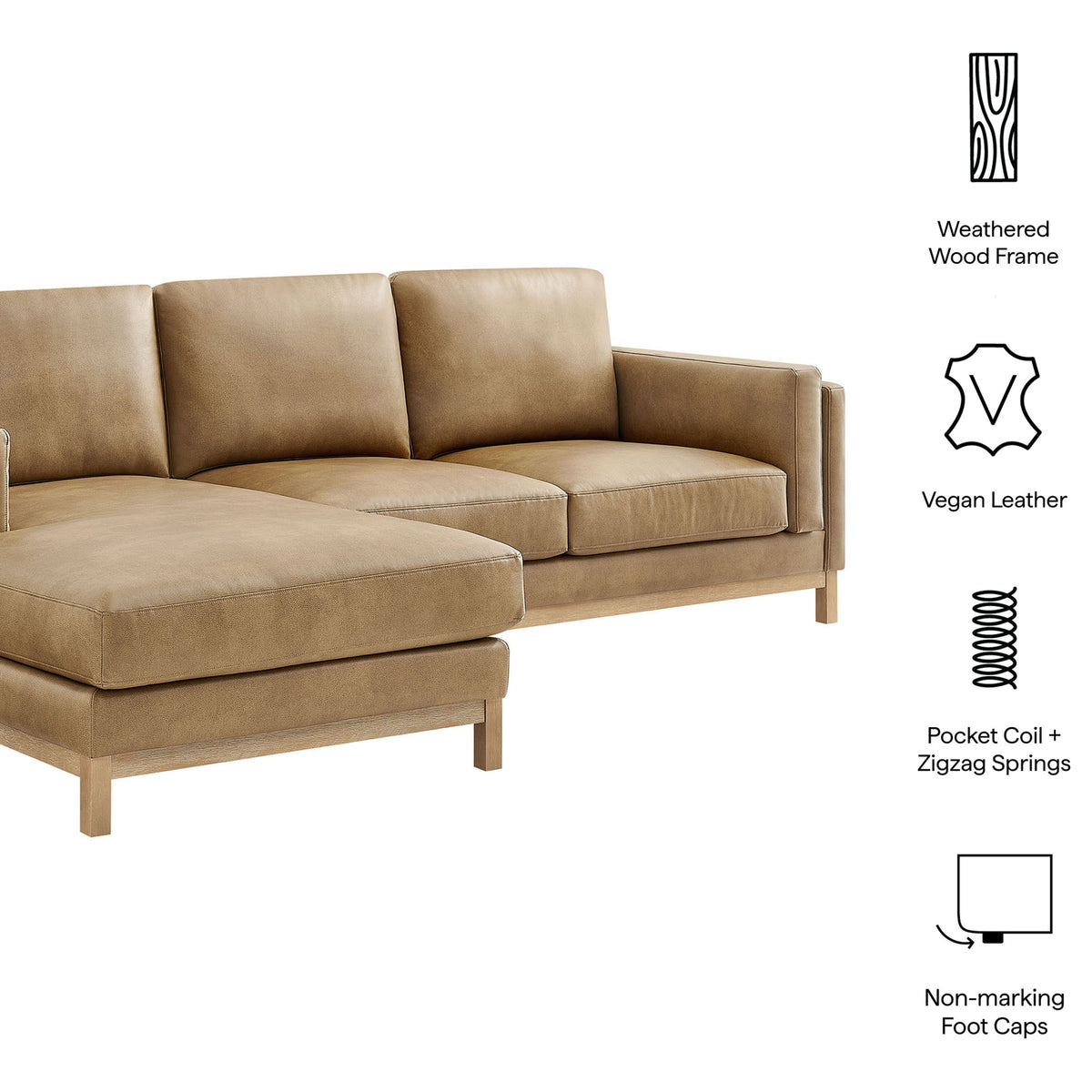 Roscoe sectional details showing weathered wood base, vegan leather, and spring support || EEI-7376-TST || callout_studio