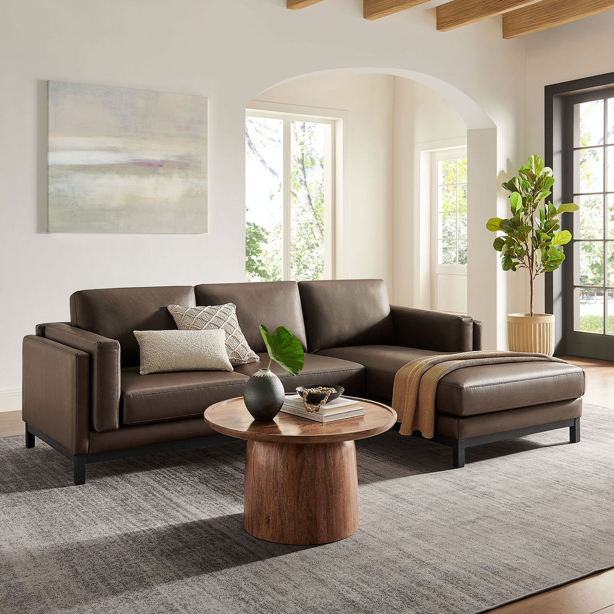 Roscoe right-facing espresso sectional in a bright living room paired with a warm wood coffee table || EEI-7377-ESP || front_angle_room