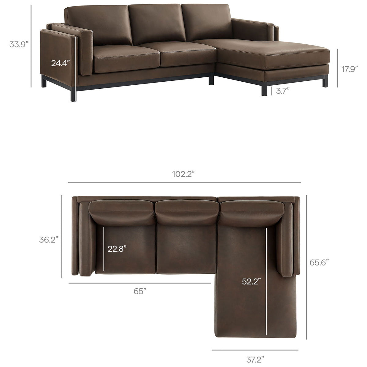Roscoe right-facing espresso sectional dimensions detailing overall width, chaise length, and seat height || EEI-7377-ESP || dimension_studio