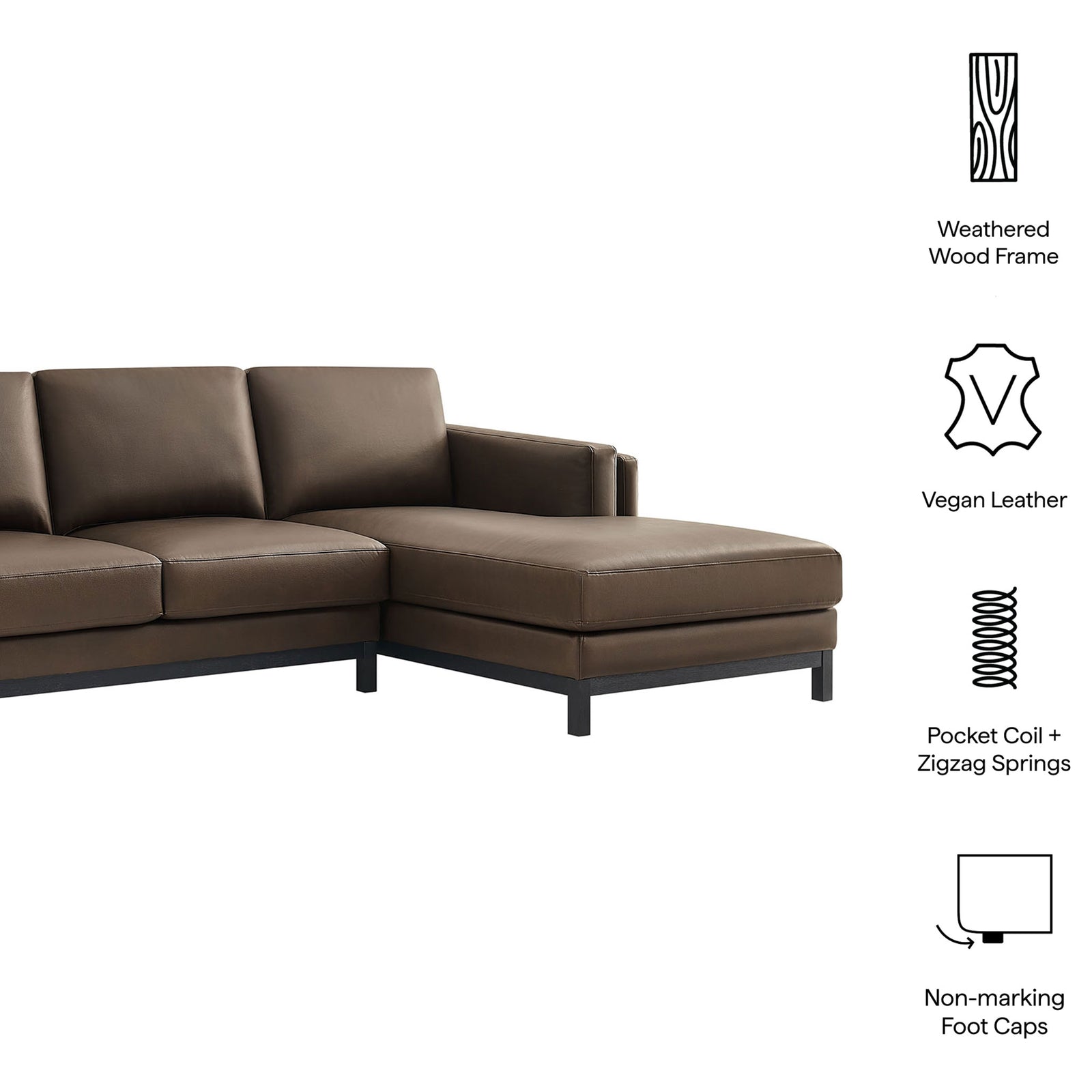 Key features of the Roscoe right-facing espresso sectional, including vegan leather and sturdy wood base || EEI-7377-ESP || callout_studio