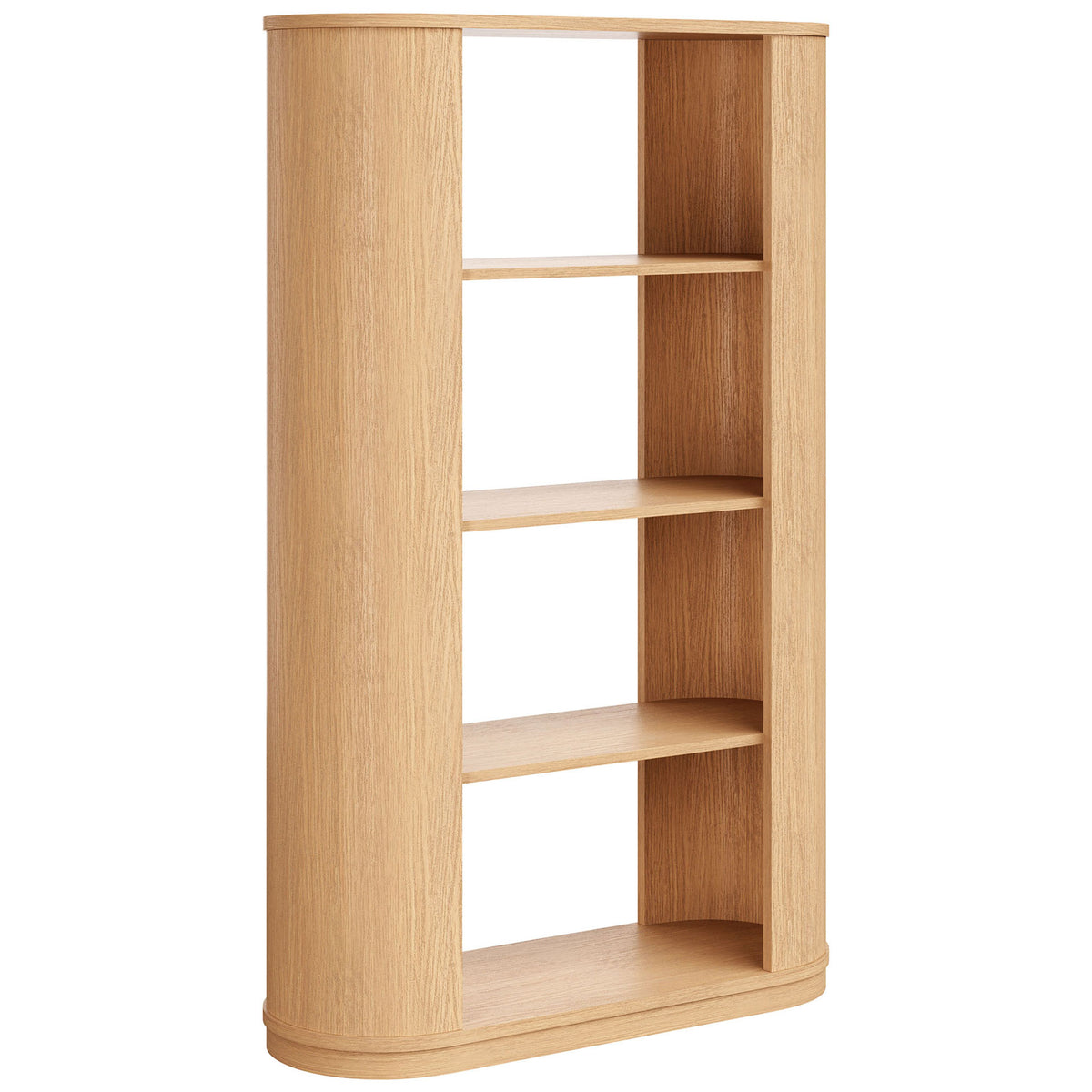 Sleek rounded-frame bookcase in natural oak veneer with four spacious display shelves || EEI-7378-NAT || front_angle_studio