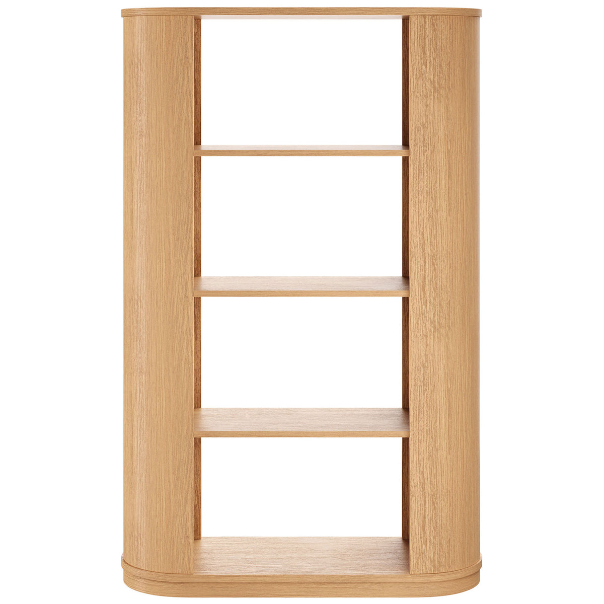 Curved natural oak veneer bookshelf with four open tiers and a smooth rounded-edge silhouette || EEI-7378-NAT || front_studio