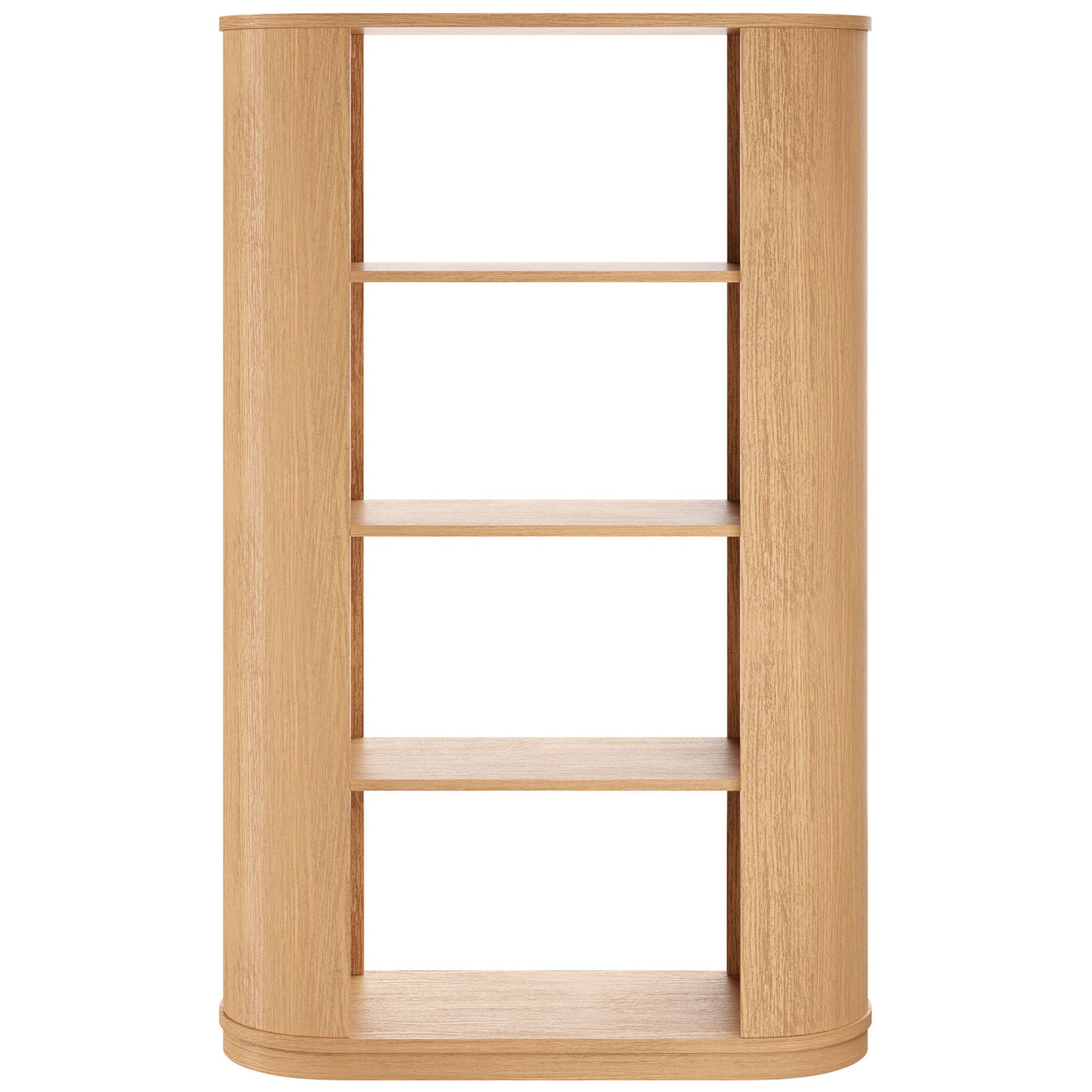 Curved natural oak veneer bookshelf with four open tiers and a smooth rounded-edge silhouette || EEI-7378-NAT || front_studio