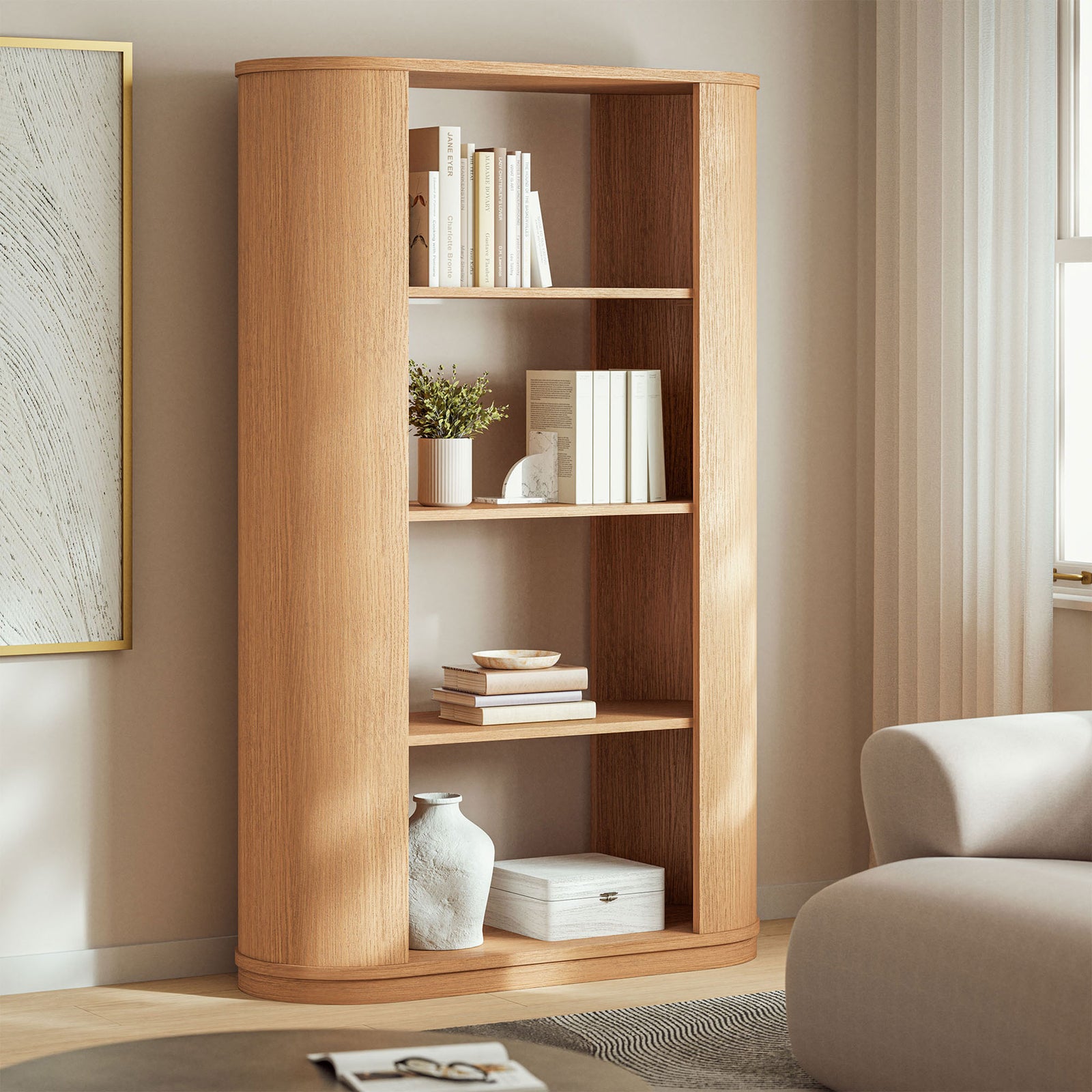 Statement curved bookshelf elevates the living room with open tiers and a warm natural wood look || EEI-7378-NAT || front_angle_room