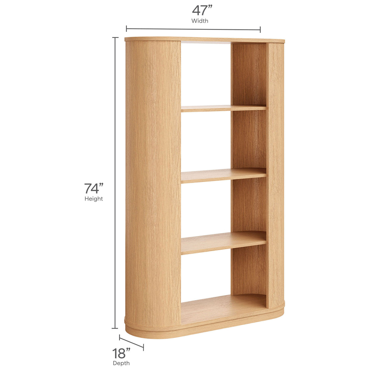 Tall, space-savvy curved bookcase with four shelves and a smooth oak veneer finish || EEI-7378-NAT || dimension_studio