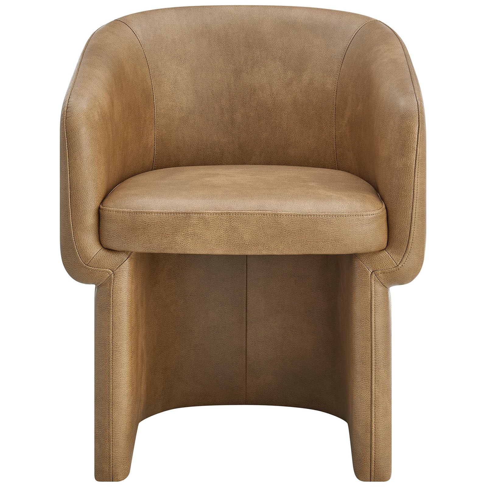 Cozy barrel-back toast vegan leather dining chair with plush seat and fully upholstered base. || EEI-7383-TST || front_studio