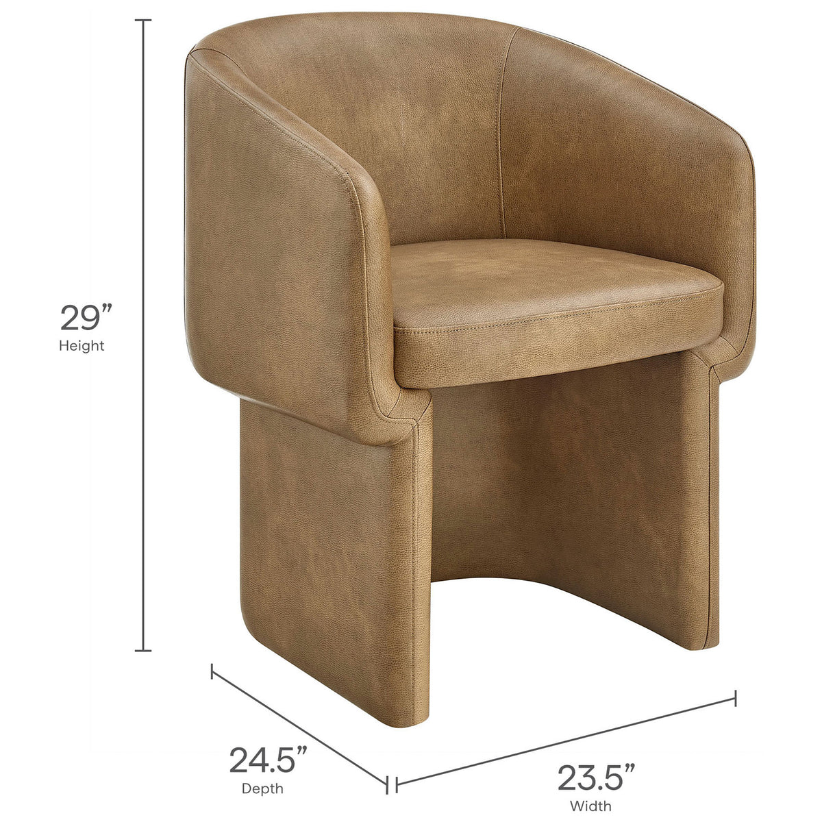 Toast vegan leather barrel dining chair with clearly labeled overall dimensions for easy planning. || EEI-7383-TST || dimension_studio