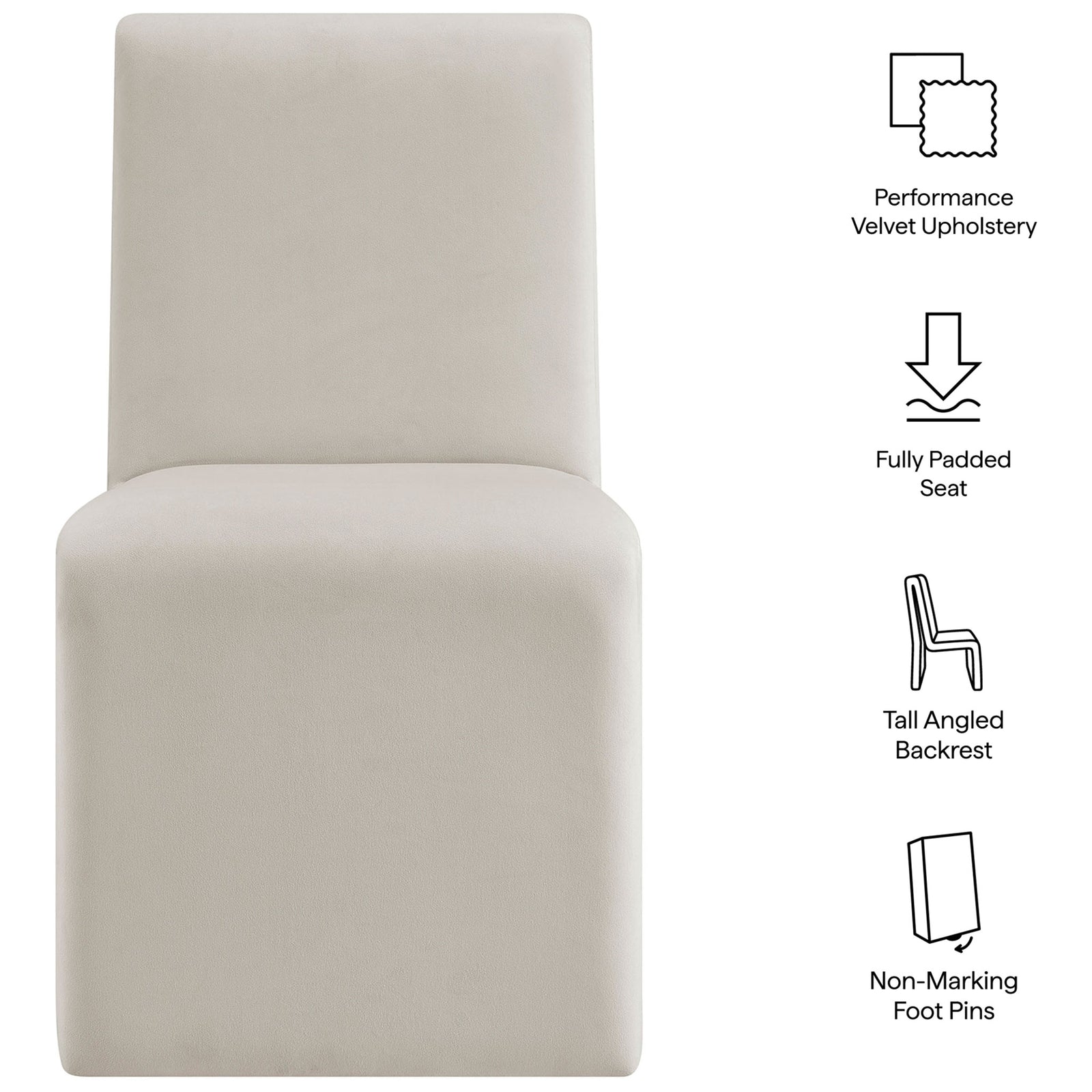 Features include performance velvet upholstery, fully padded seat, tall angled backrest, and non-marking foot pins || EEI-7384-ALA || callout_studio