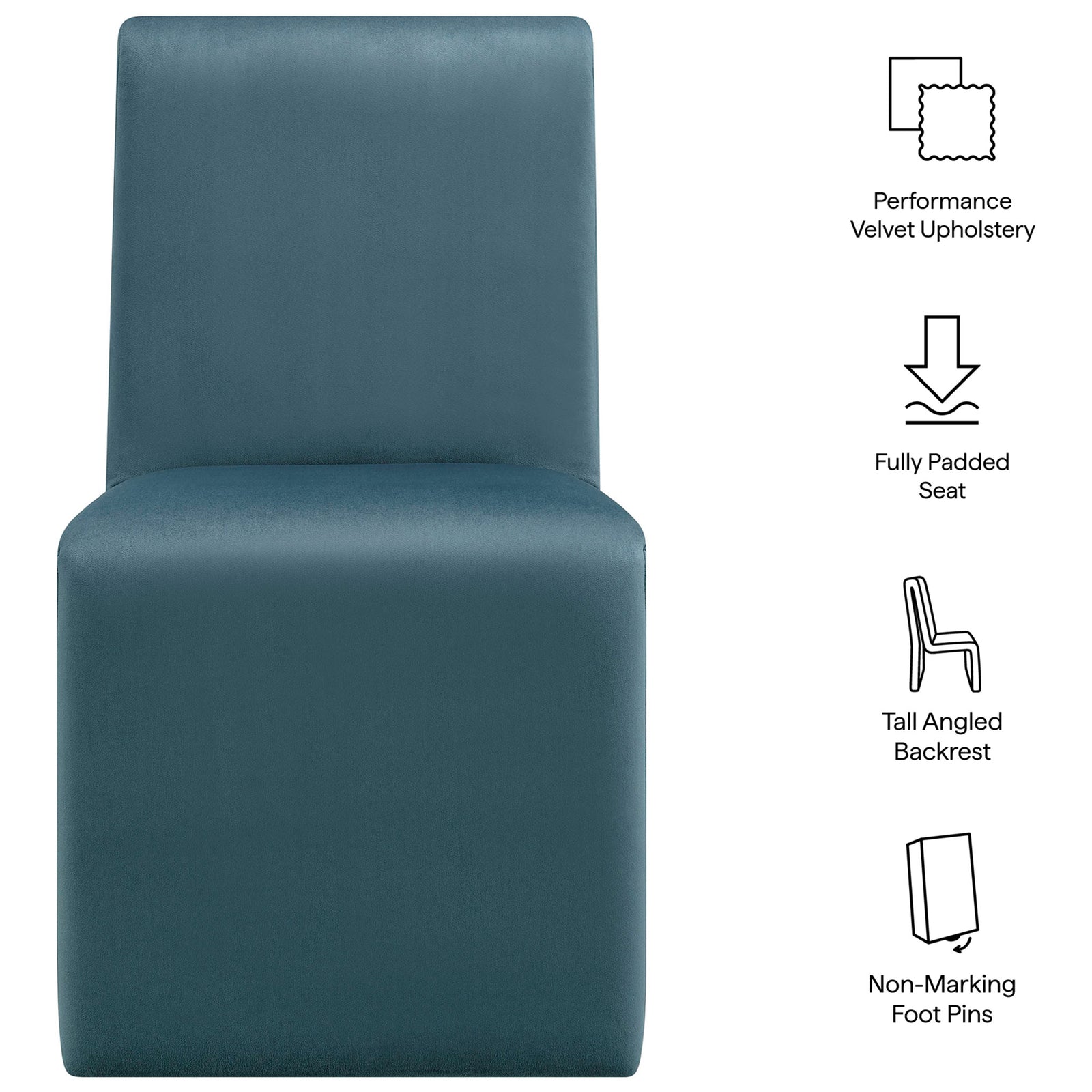 Feature graphic showing performance velvet upholstery, fully padded seat, tall backrest, and non-marking foot pins || EEI-7384-CAB || callout_studio