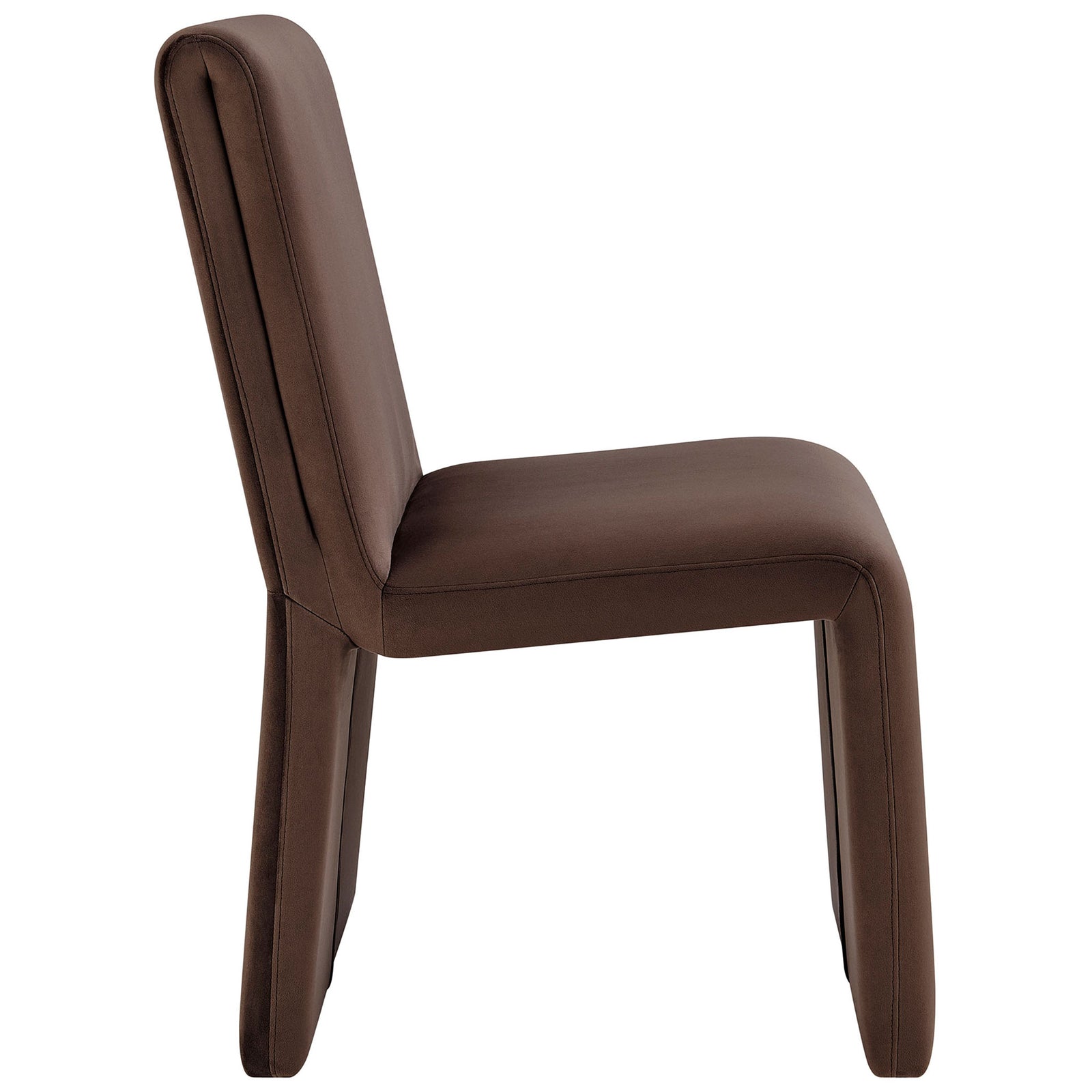 Emory chocolate velvet dining chair showcasing plush cushioning, tall backrest, and sculpted waterfall seat design. || EEI-7384-CHB || side_studio