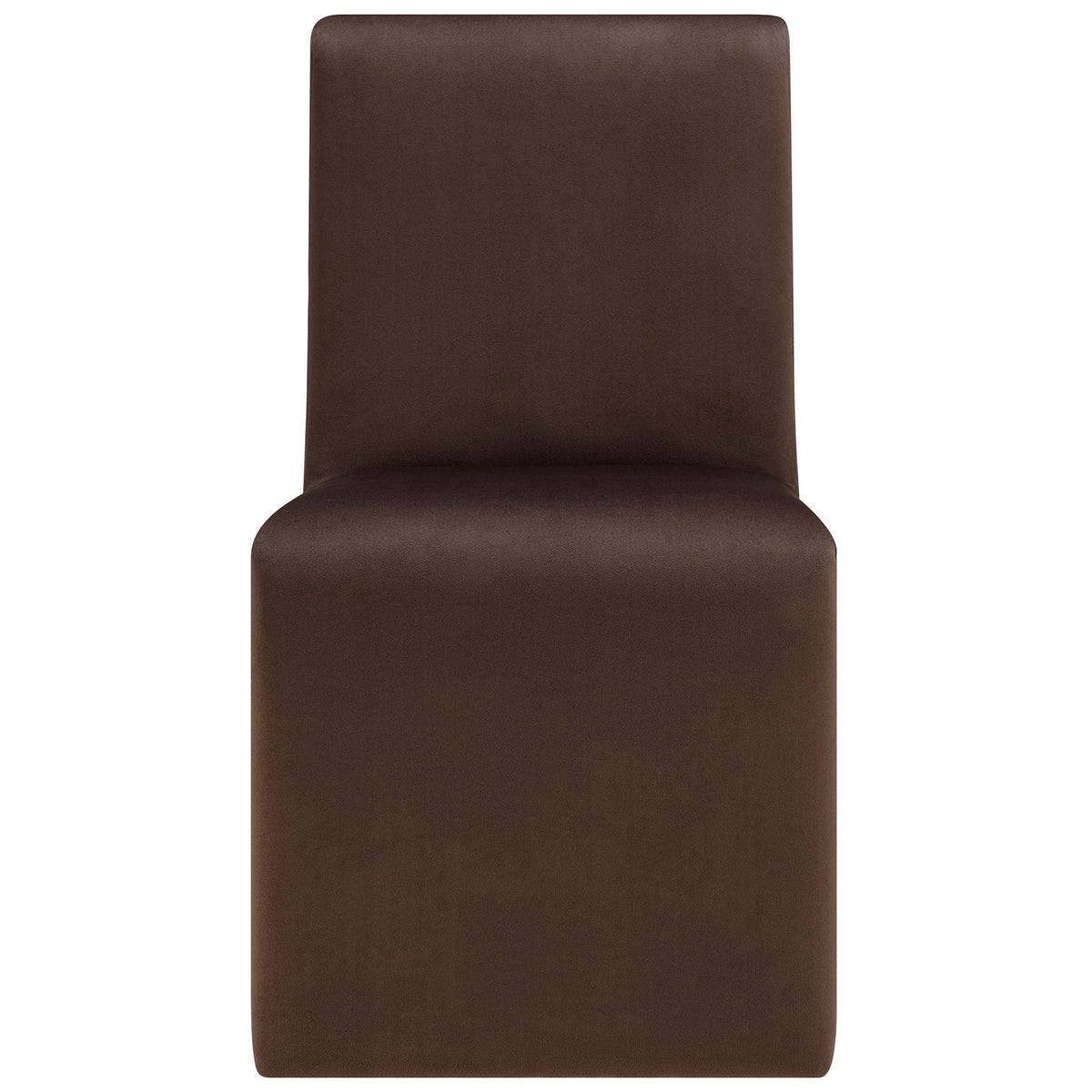 Chocolate velvet Emory dining chair with padded seat, tall backrest, and smooth waterfall base for modern comfort. || EEI-7384-CHB || front_studio