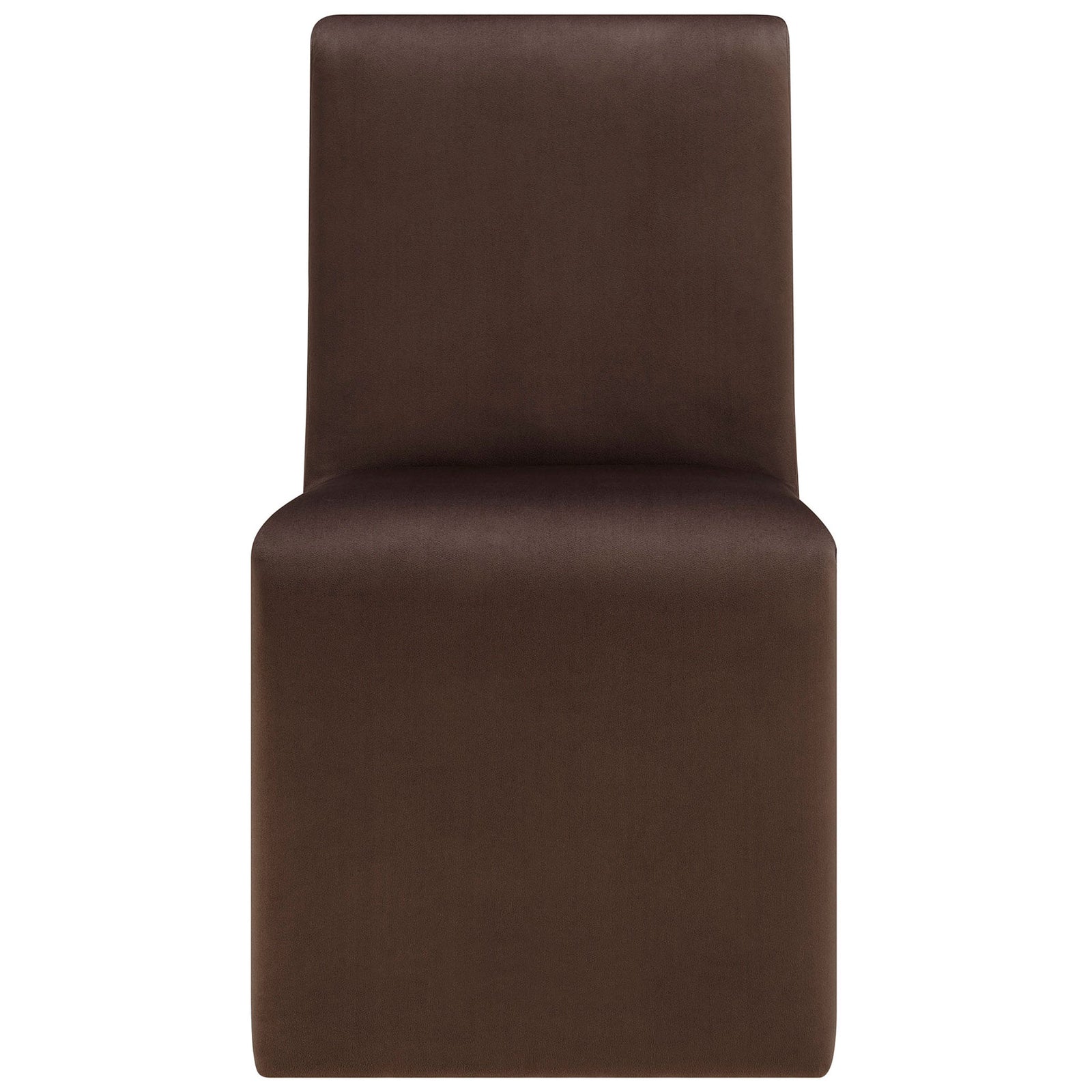 Chocolate velvet Emory dining chair with padded seat, tall backrest, and smooth waterfall base for modern comfort. || EEI-7384-CHB || front_studio