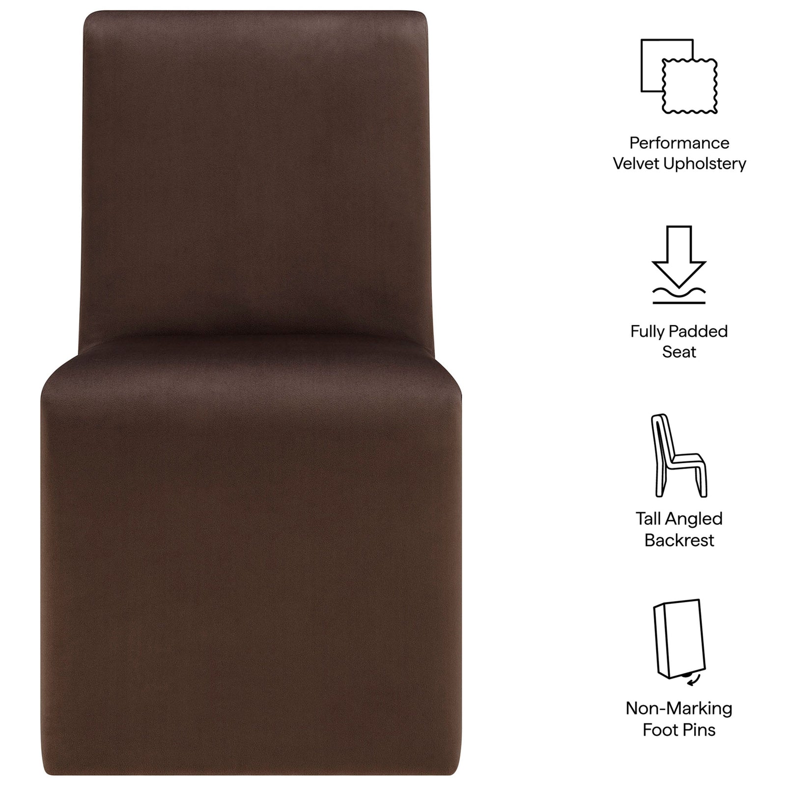 Emory chocolate velvet dining chair shown with icons highlighting its padded seat, tall backrest, and non-marking feet. || EEI-7384-CHB || callout_studio