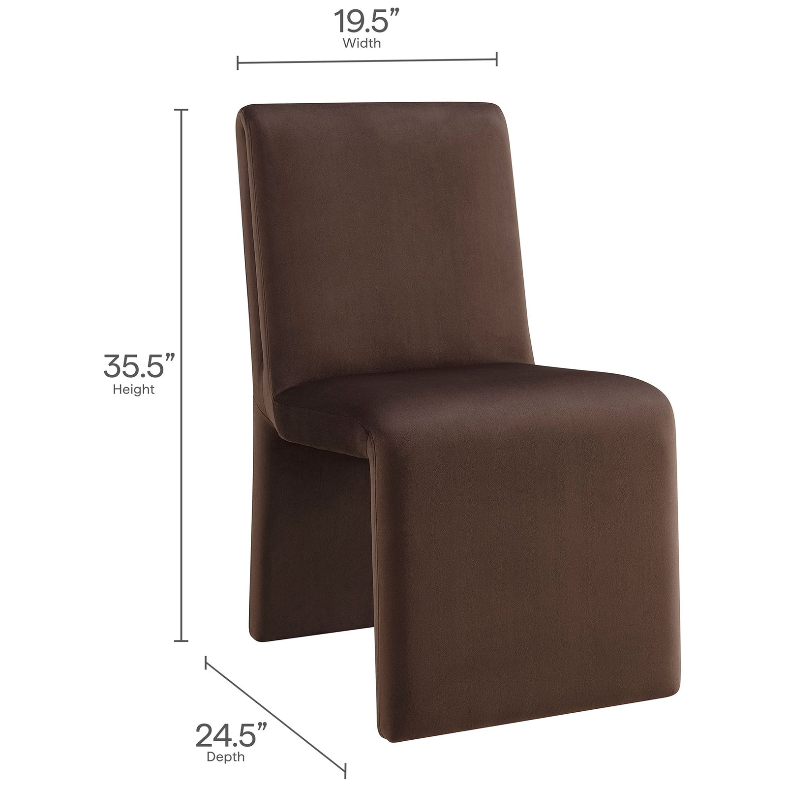 Emory chocolate velvet dining chair with labeled height, width, and depth measurements for easy size reference. || EEI-7384-CHB || dimension_studio
