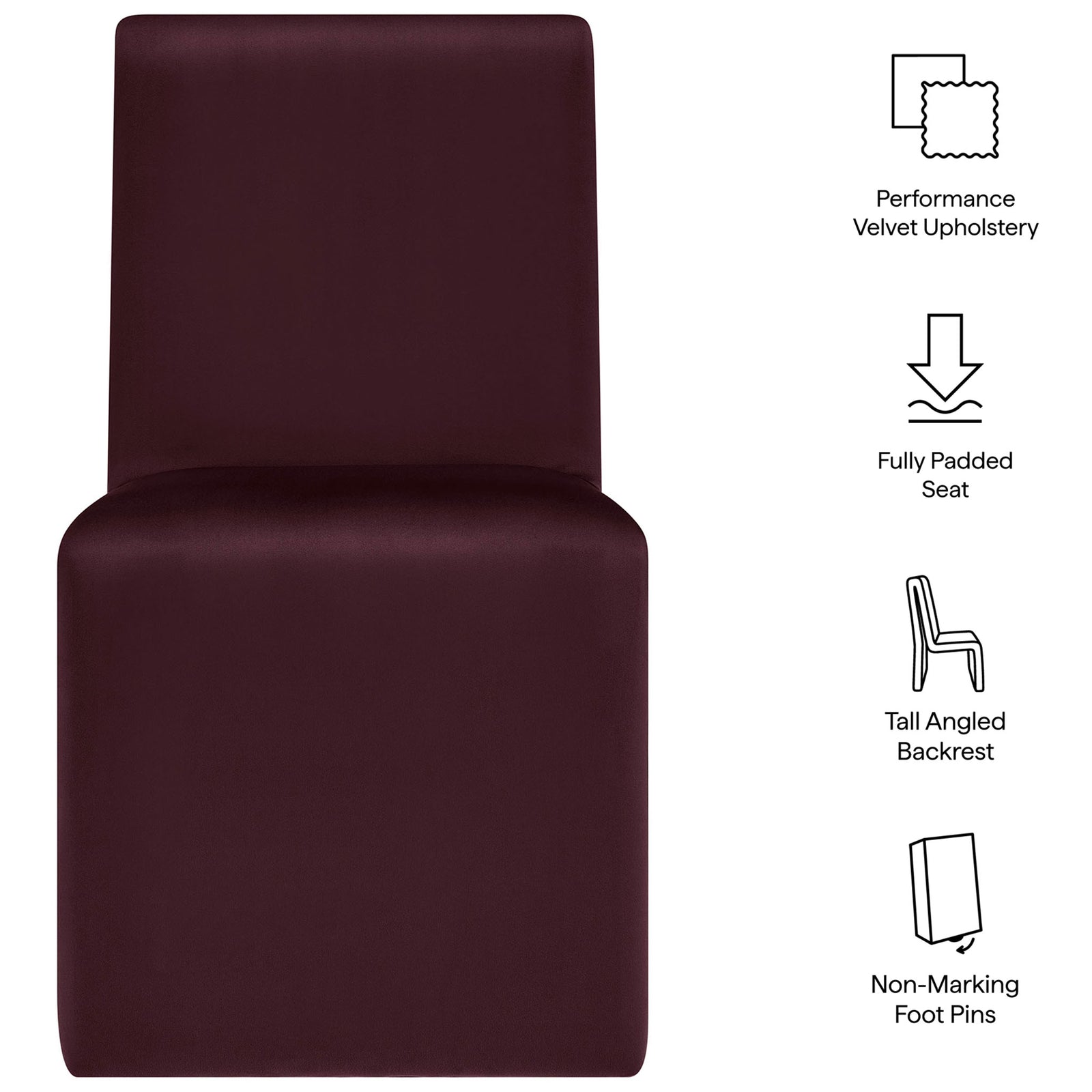 Chair with icons calling out performance velvet, full padding, tall back, and non-marking feet || EEI-7384-MUL || callout_studio