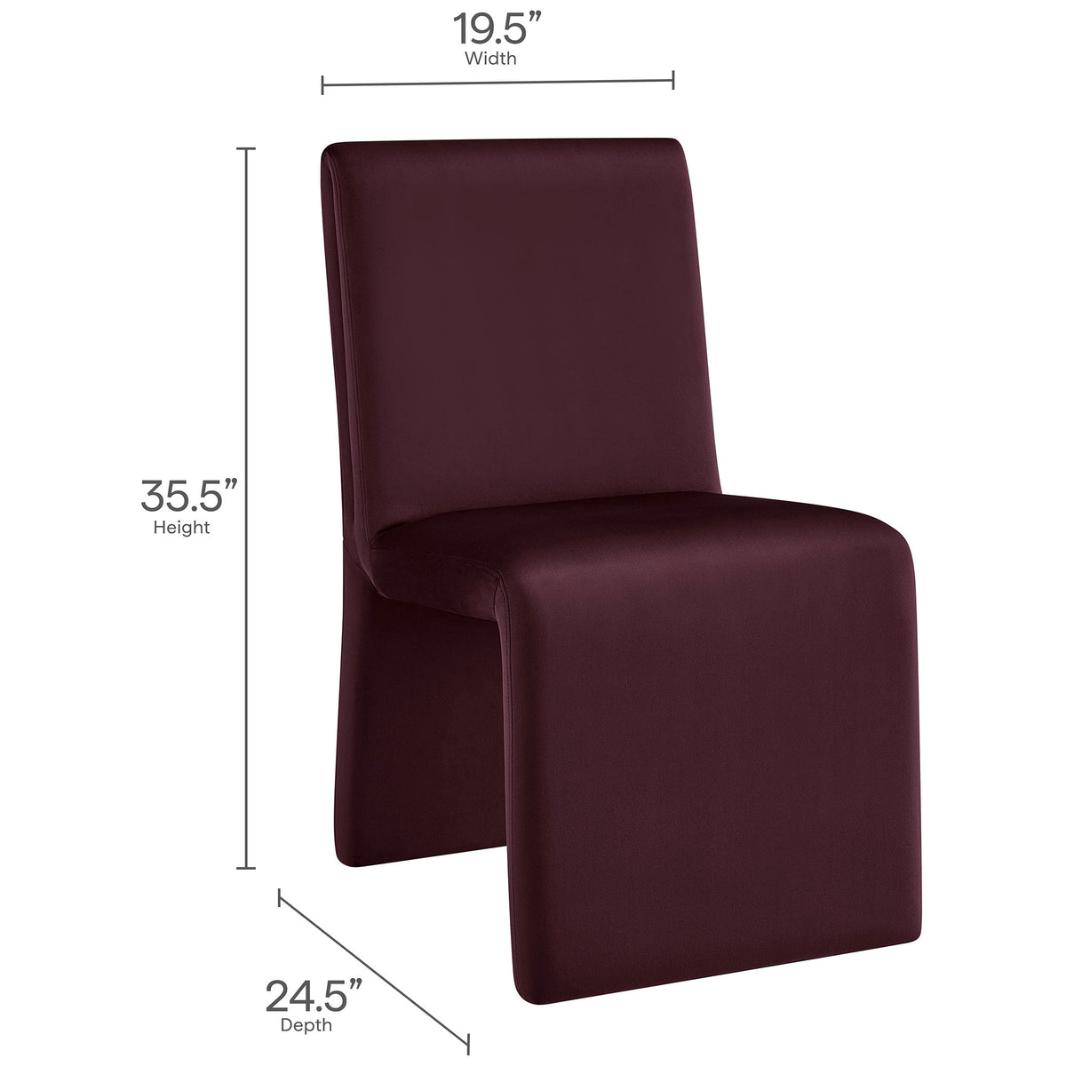 Chair with height, width, and depth measurements to illustrate the dimensions of the mulberry velvet seat || EEI-7384-MUL || dimension_studio
