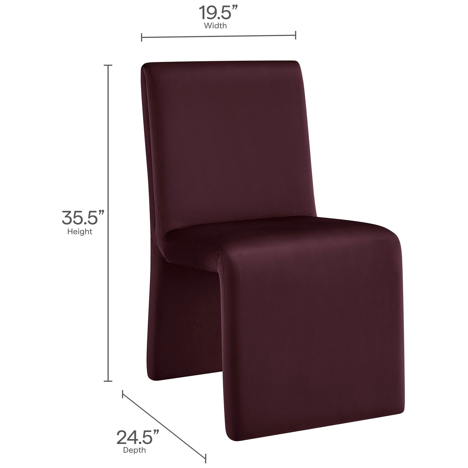 Chair with height, width, and depth measurements to illustrate the dimensions of the mulberry velvet seat || EEI-7384-MUL || dimension_studio