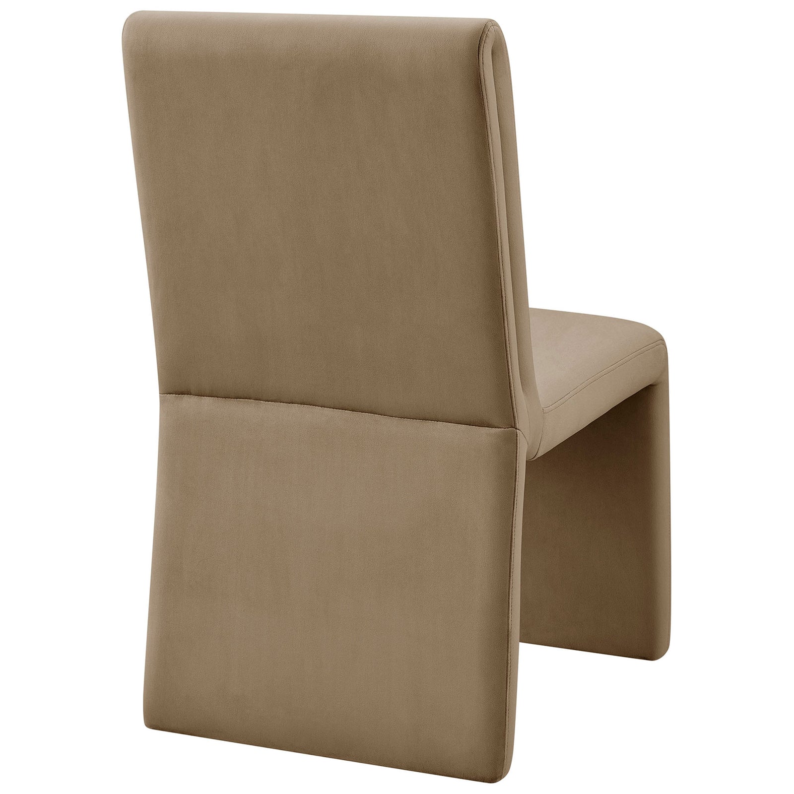 Taupe velvet dining chair with smooth tailored back panel and discreet non-marking foot pins at the base || EEI-7384-TAU || back_studio