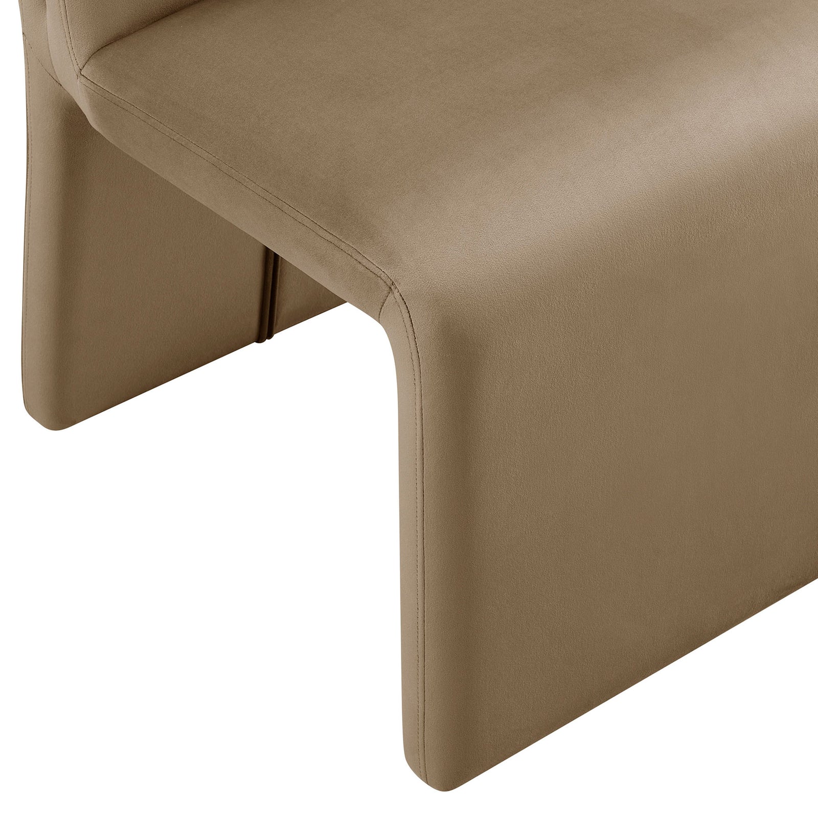 Waterfall seat edge and tailored stitching detail on the taupe performance velvet dining chair || EEI-7384-TAU || detail_studio