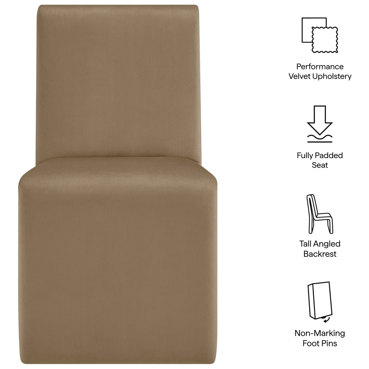 Emory taupe velvet dining chair highlighting performance upholstery, tall padded back, and non-marking foot pins || EEI-7384-TAU || callout_studio