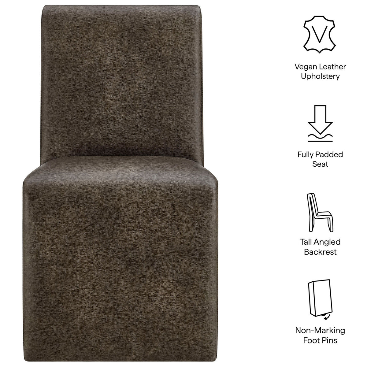 Feature icons highlighting Emory chair vegan leather upholstery, padded seat, tall back, and non-marking foot pins || EEI-7385-MUS || callout_studio