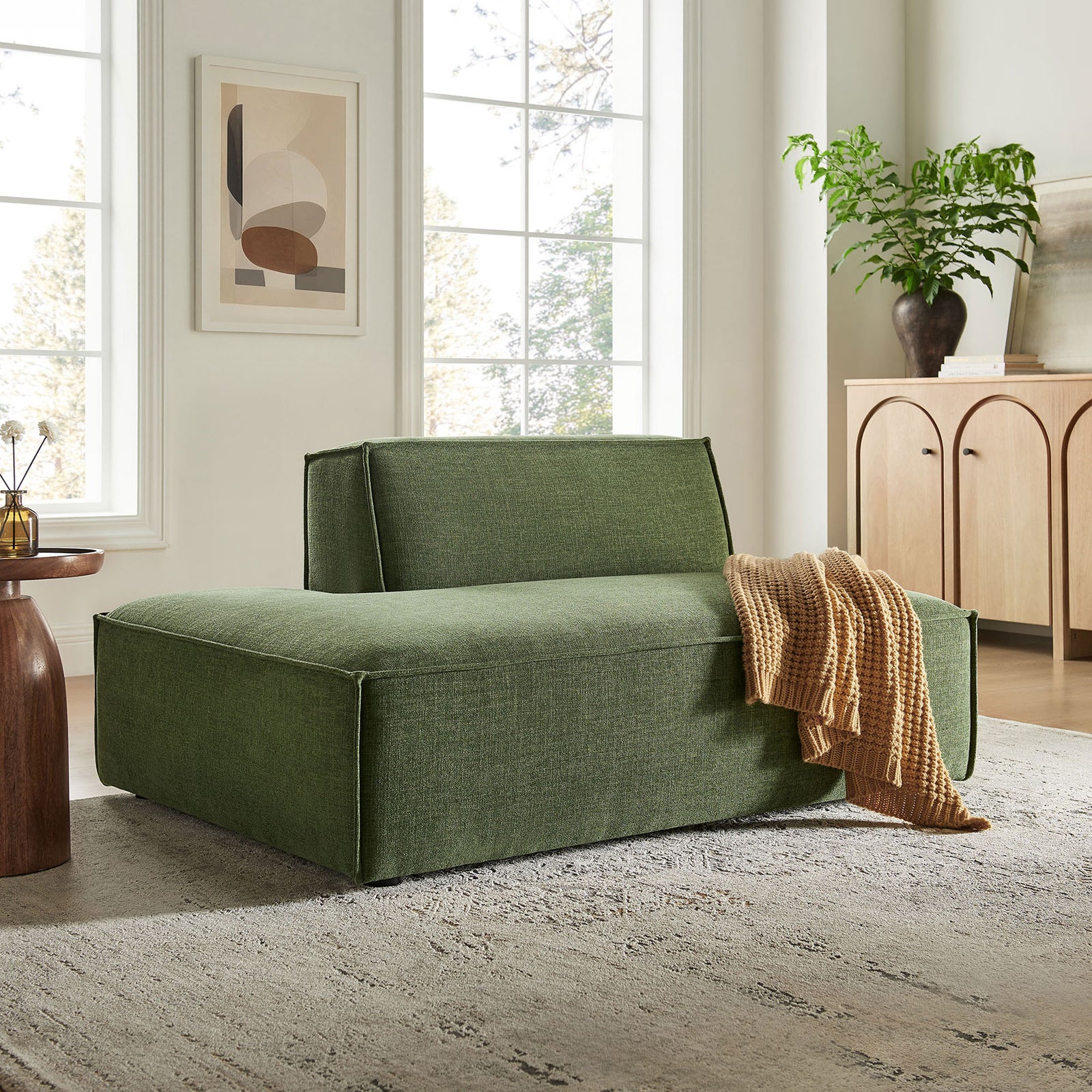 Inviting left-facing chaise in foliage green adds relaxed, lounge-worthy comfort to your space || EEI-7386-FOL || front_angle_room