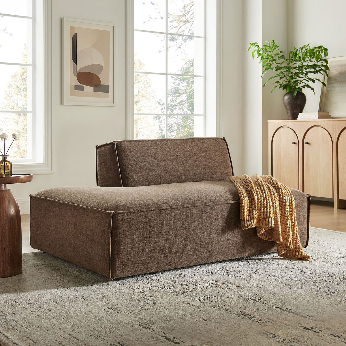 Inviting chaise in mocha, styled with a cozy throw for relaxed lounging || EEI-7386-MOC || front_angle_room