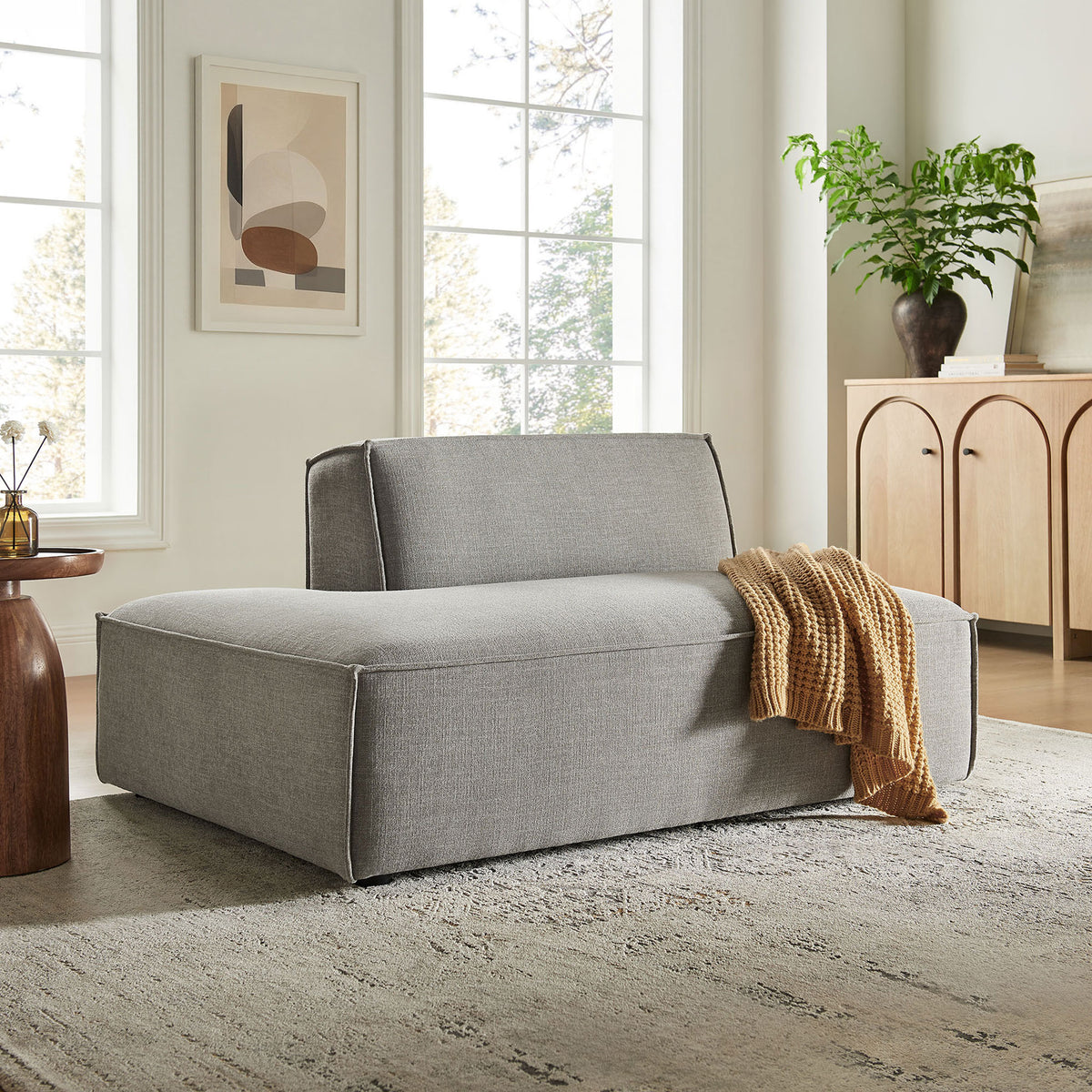 Left-facing chaise warms the room with plush contours and pewter gray fabric made for real-life wear || EEI-7386-PEW || front_angle_room