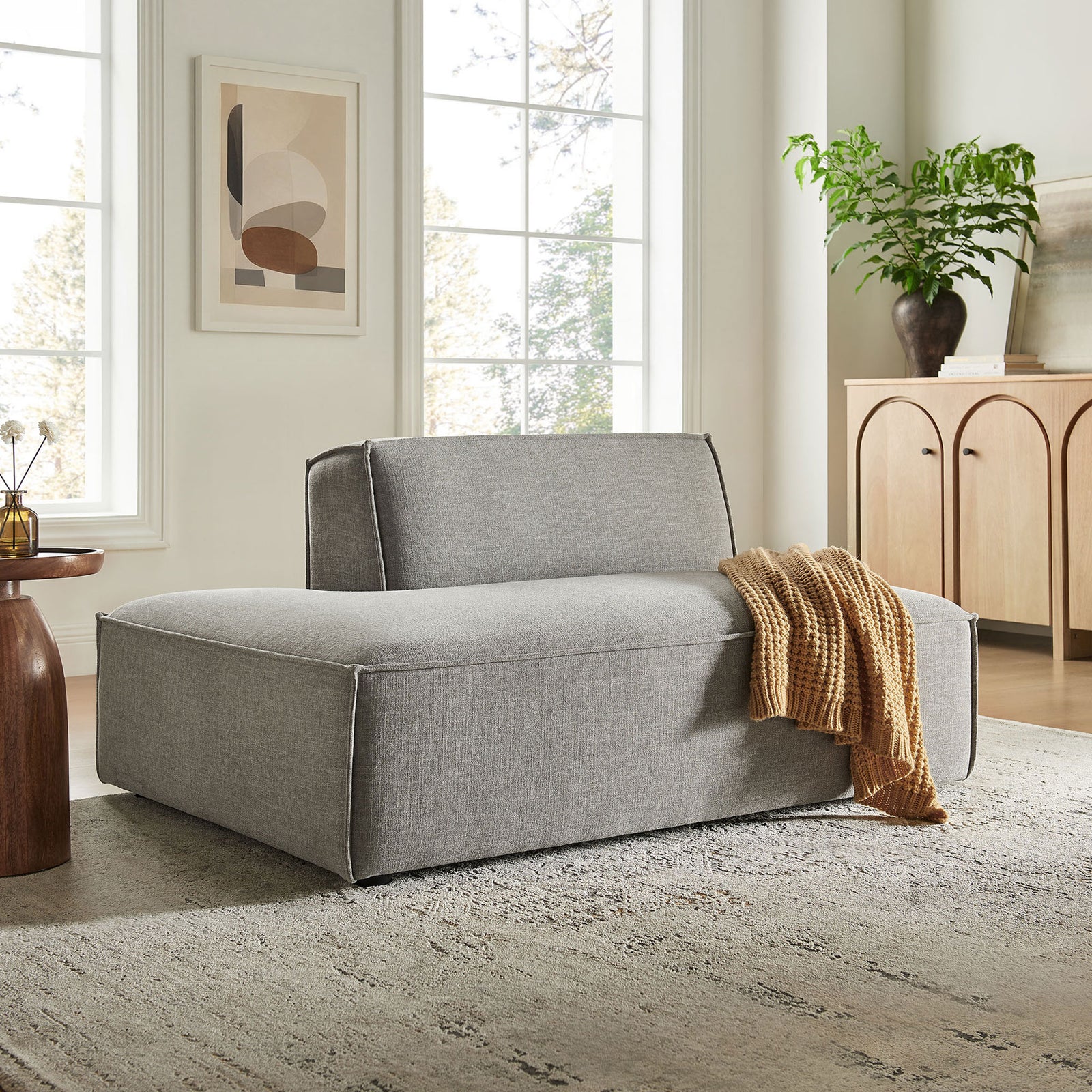 Left-facing chaise warms the room with plush contours and pewter gray fabric made for real-life wear || EEI-7386-PEW || front_angle_room