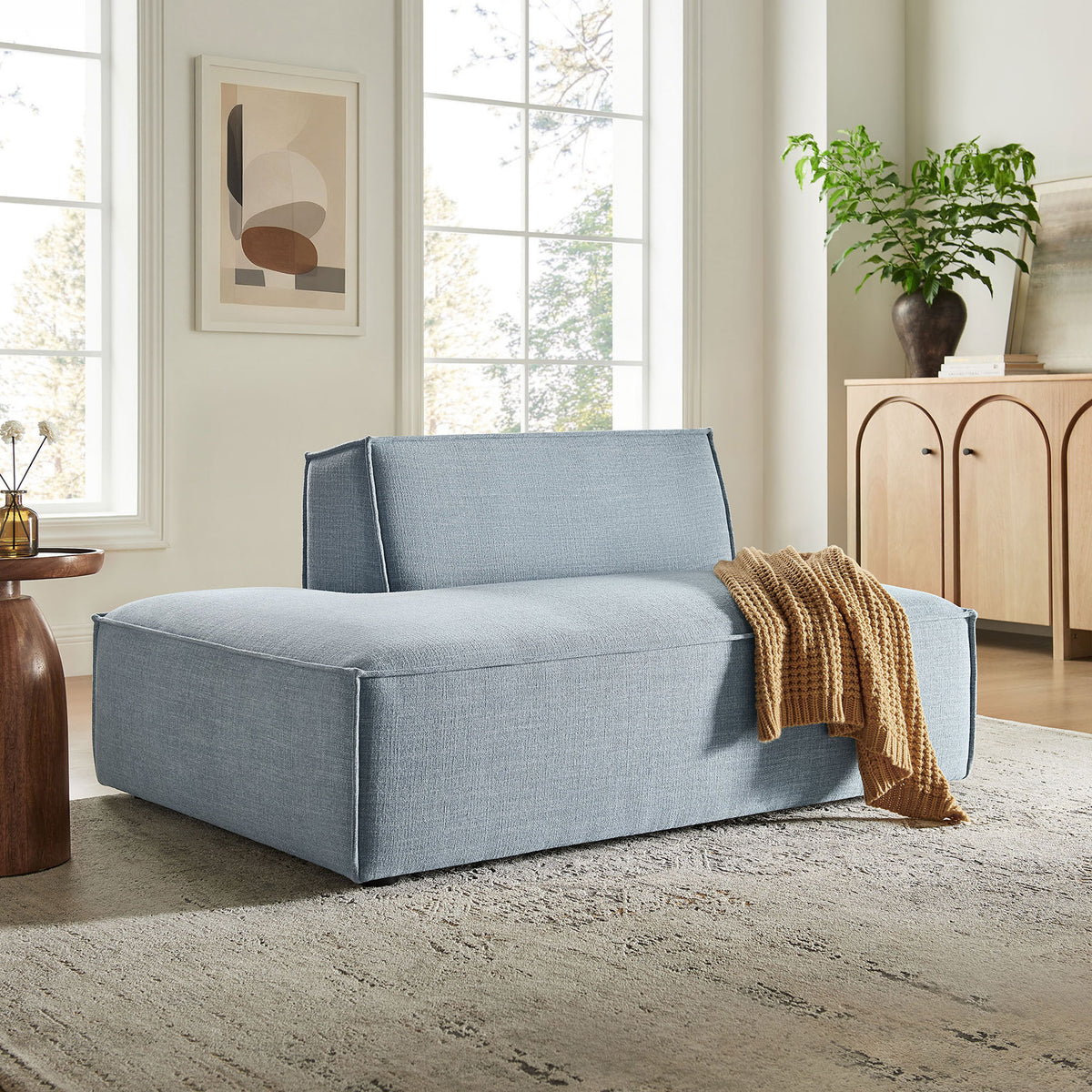 Relaxed modern chaise adds airy sky blue color and plush comfort to contemporary spaces || EEI-7386-SKY || front_angle_room