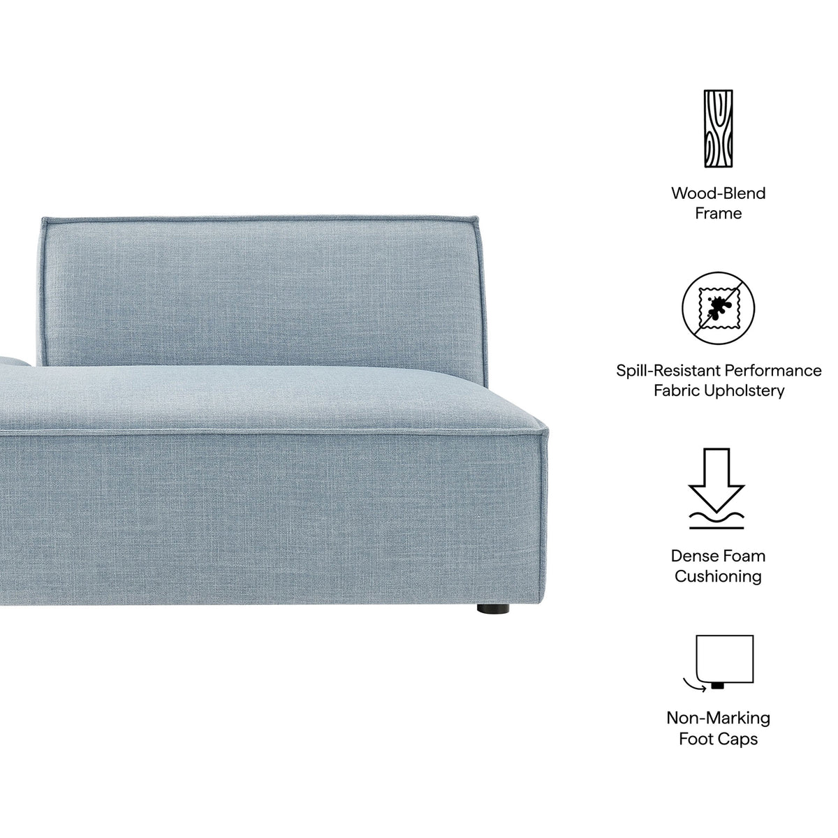 Spill-resistant fabric, dense foam comfort, and non-marking feet elevate this chaise || EEI-7386-SKY || callout_studio