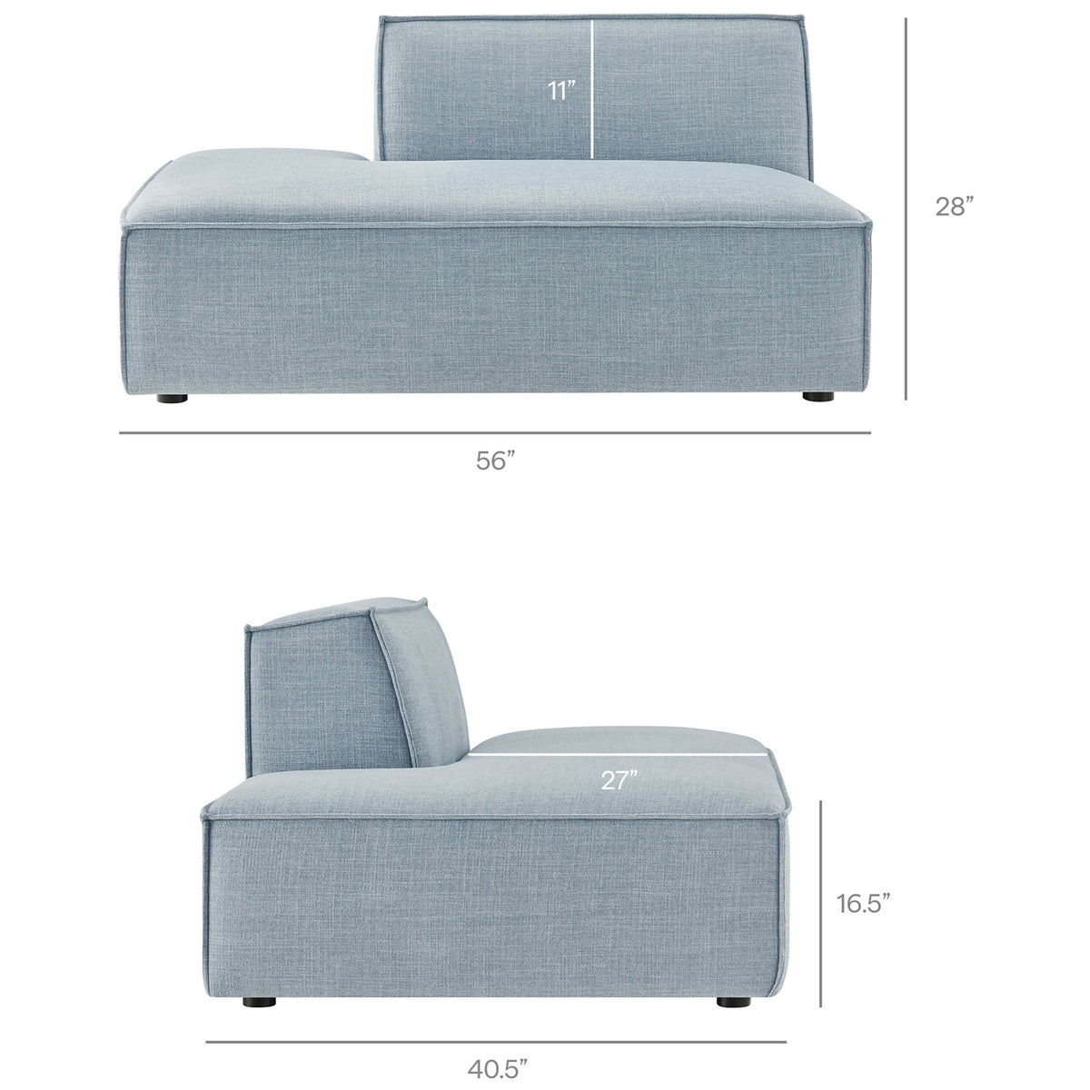 Dimensions highlight a spacious chaise with a supportive low back in sky blue || EEI-7386-SKY || dimension_studio