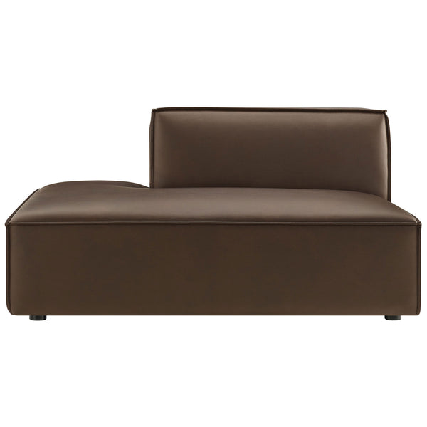 Espresso vegan leather left-facing chaise with low profile, broad lines, and French piping. || EEI-7387-ESP || front_studio
