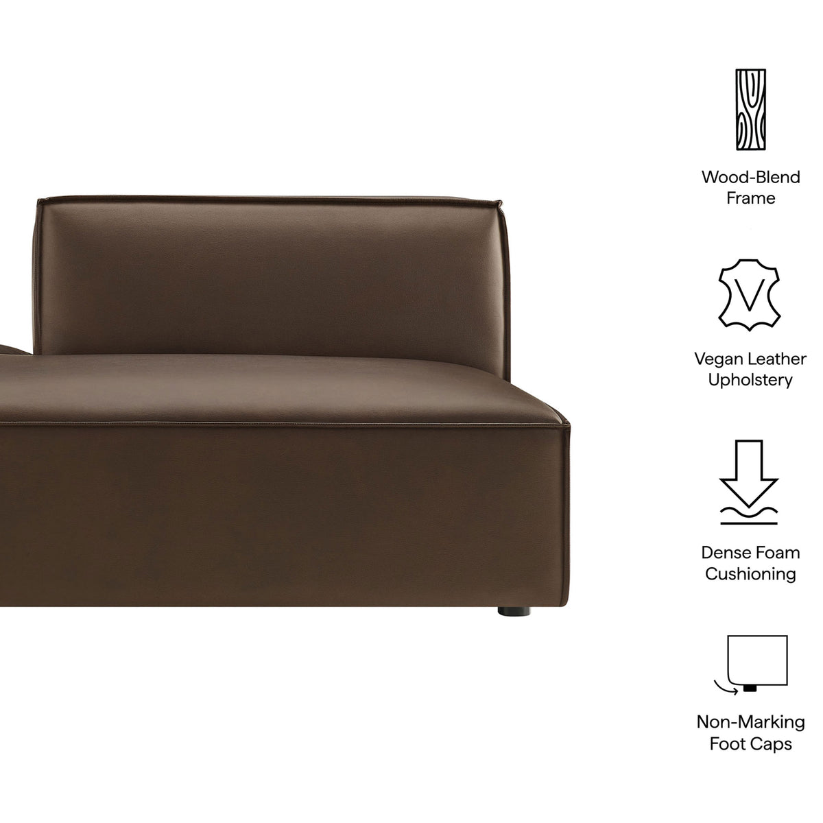 Feature highlights include vegan leather, dense foam, pocket coils, and non-marking feet. || EEI-7387-ESP || callout_studio