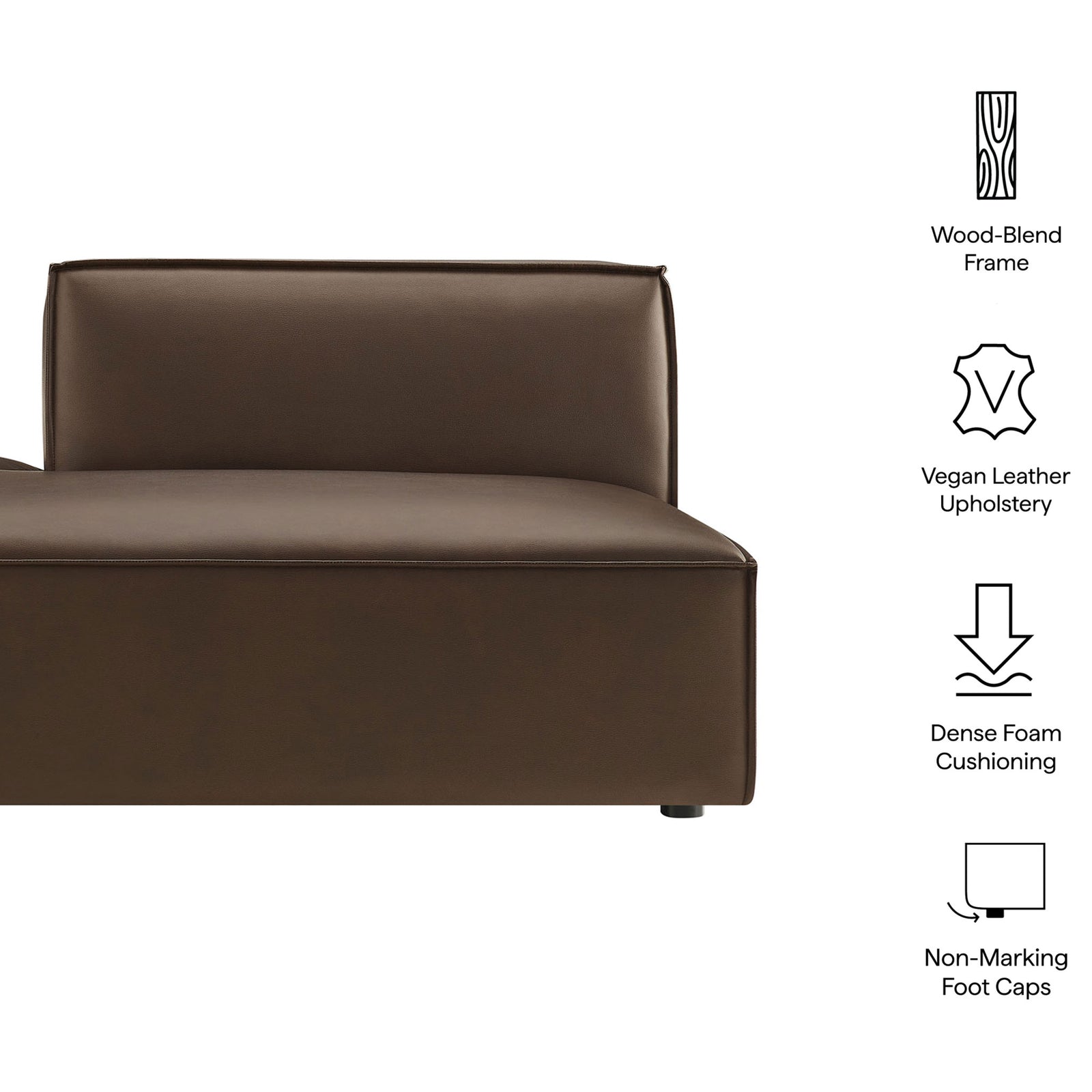 Feature highlights include vegan leather, dense foam, pocket coils, and non-marking feet. || EEI-7387-ESP || callout_studio