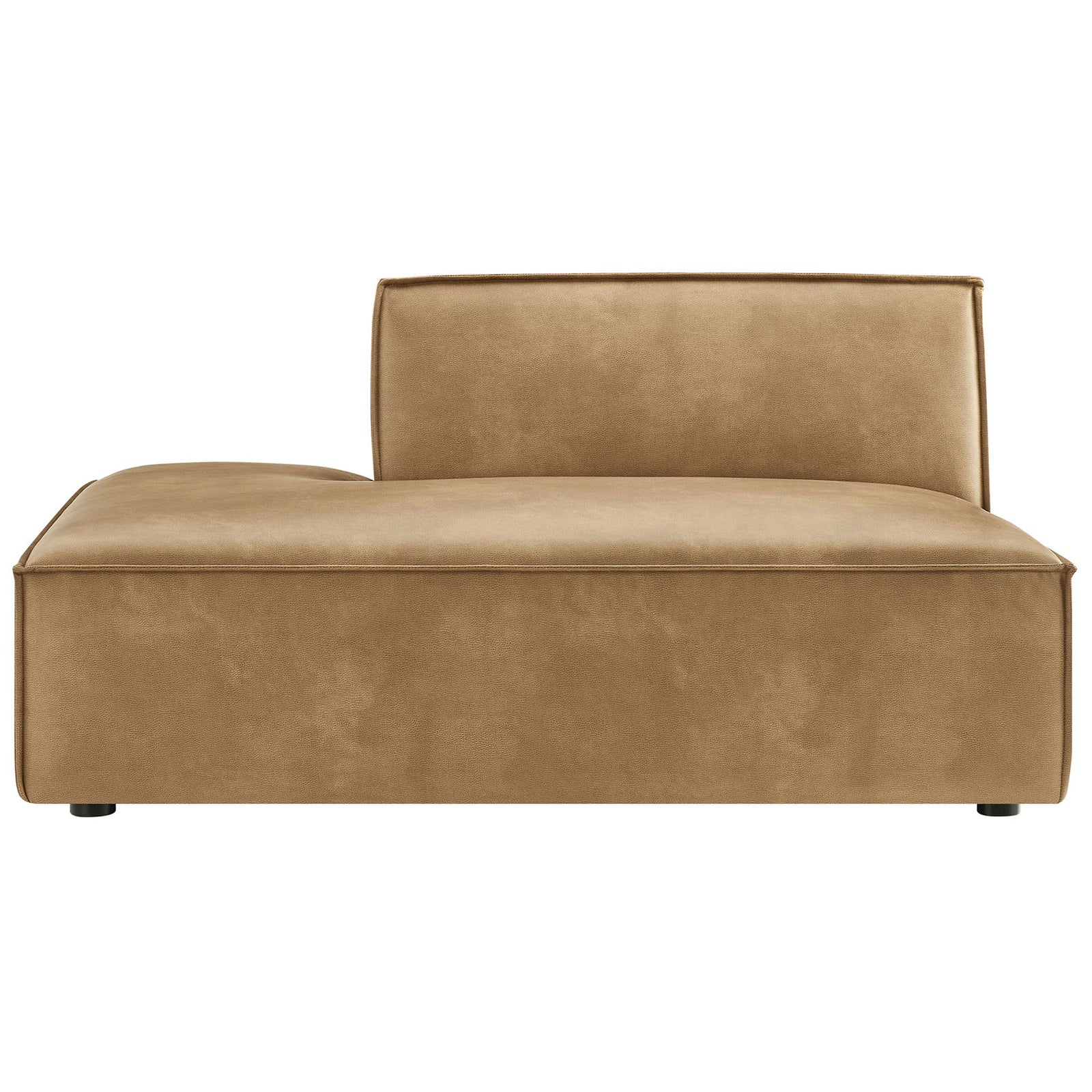 Low-profile left-facing chaise in warm toast vegan leather with clean lines and French piping || EEI-7387-TST || front_studio
