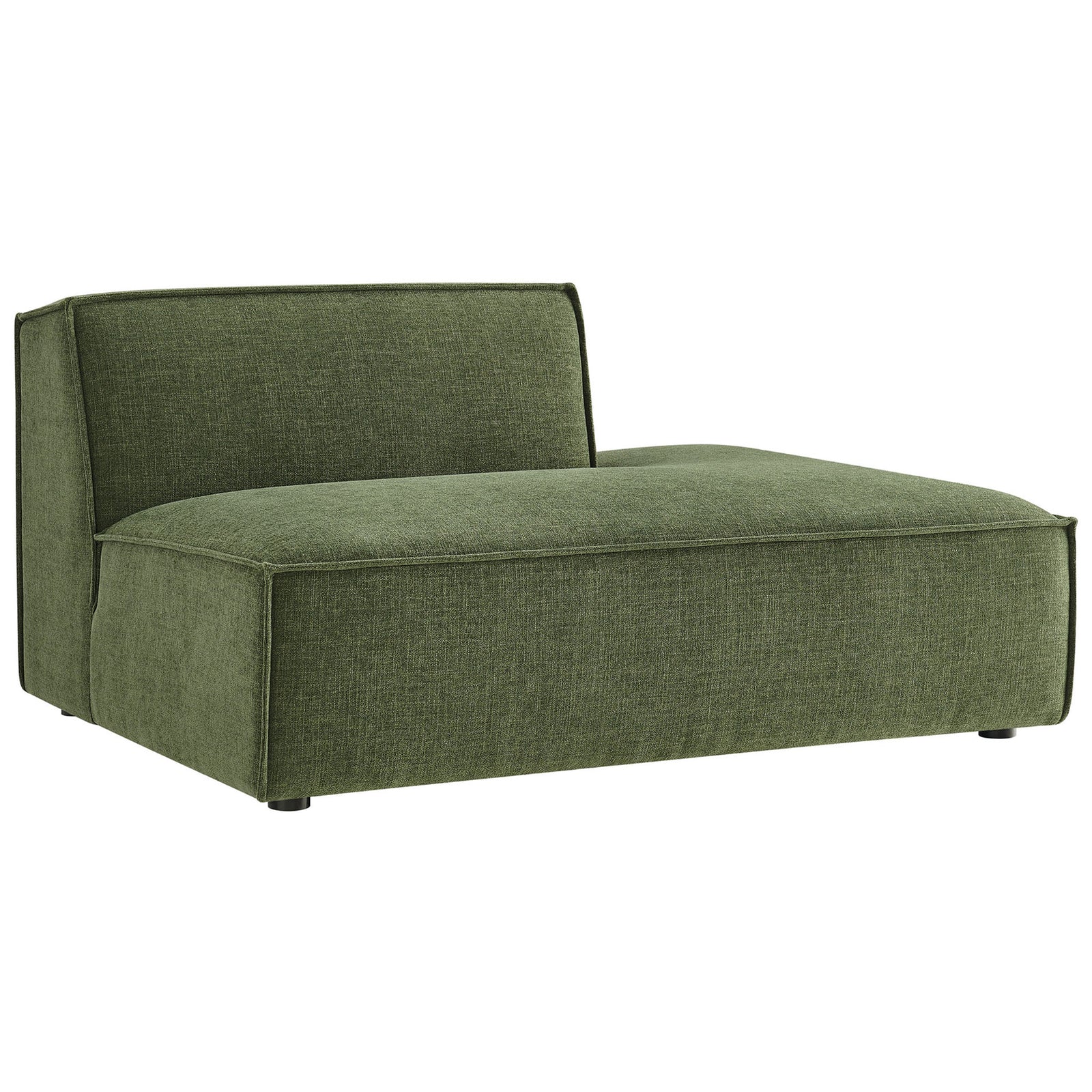 Spacious chaise lounge with supportive back and tailored piping in durable foliage green upholstery || EEI-7388-FOL || front_angle_studio