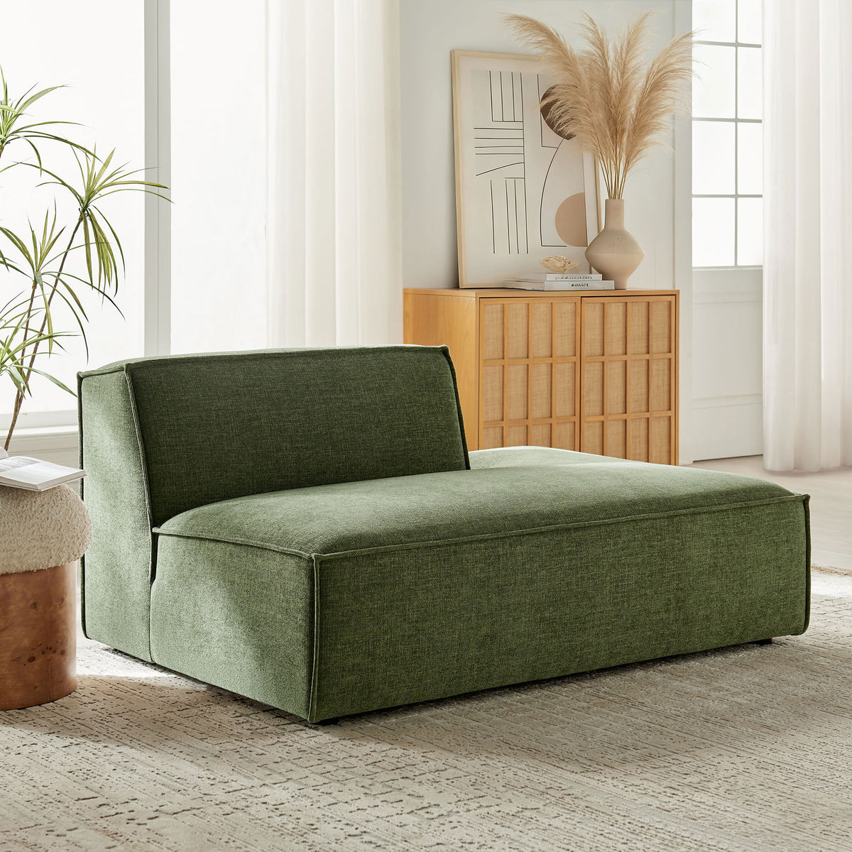Plush, lounge-ready chaise in green performance fabric anchors a modern, airy room || EEI-7388-FOL || front_angle_room