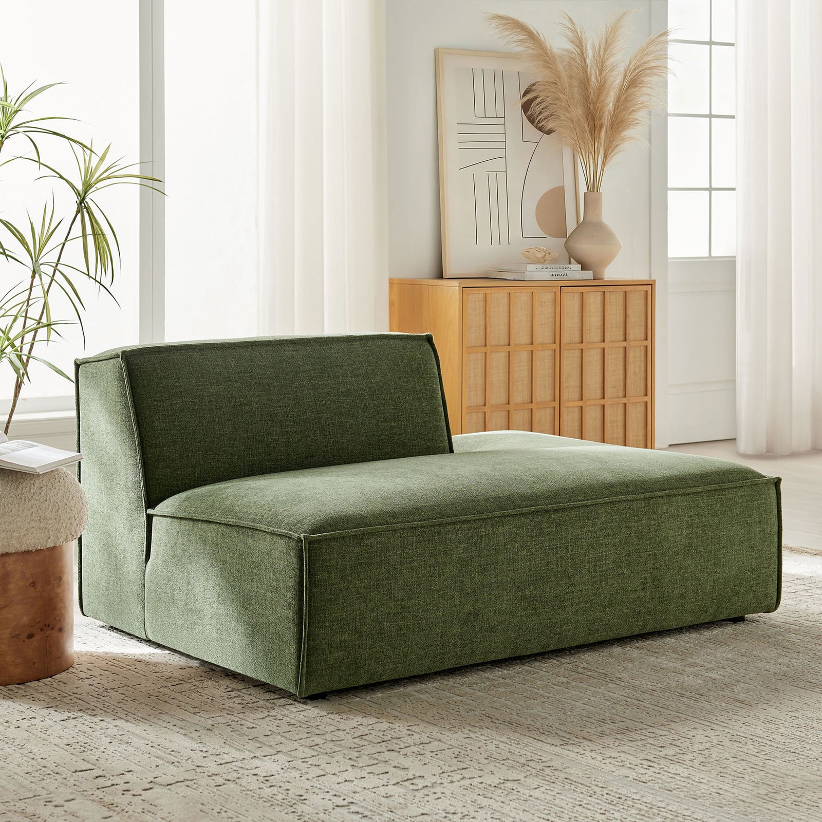 Plush, lounge-ready chaise in green performance fabric anchors a modern, airy room || EEI-7388-FOL || front_angle_room