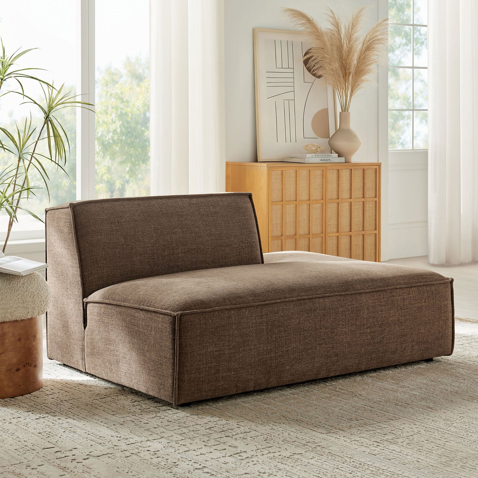 Sunny room vignette pairs the mocha chaise with natural textures and greenery || EEI-7388-MOC || front_angle_room