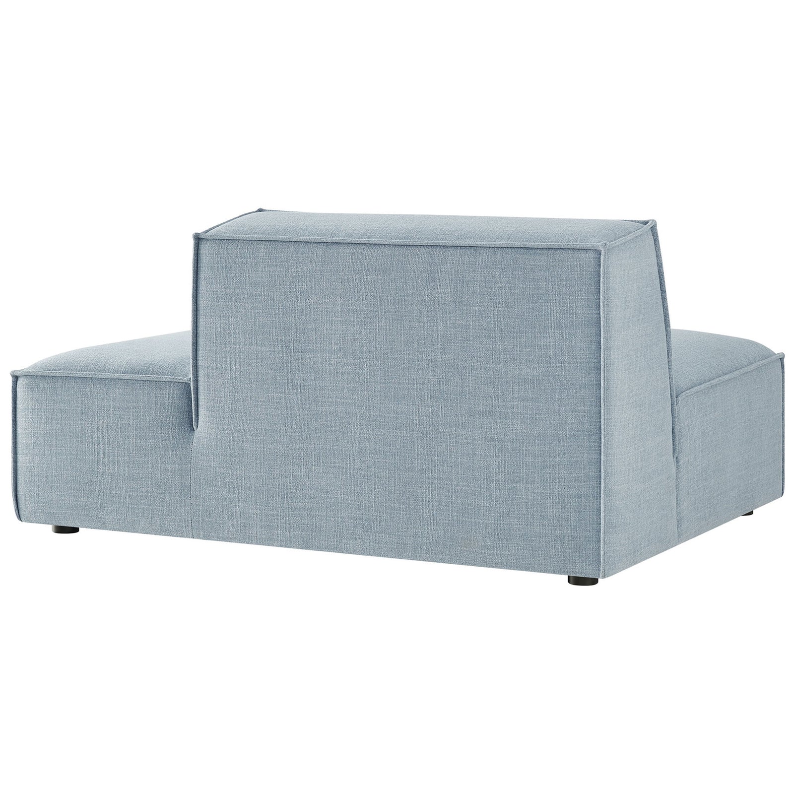 Modern box profile with tailored seams and low feet in sky blue performance fabric || EEI-7388-SKY || back_angle_studio