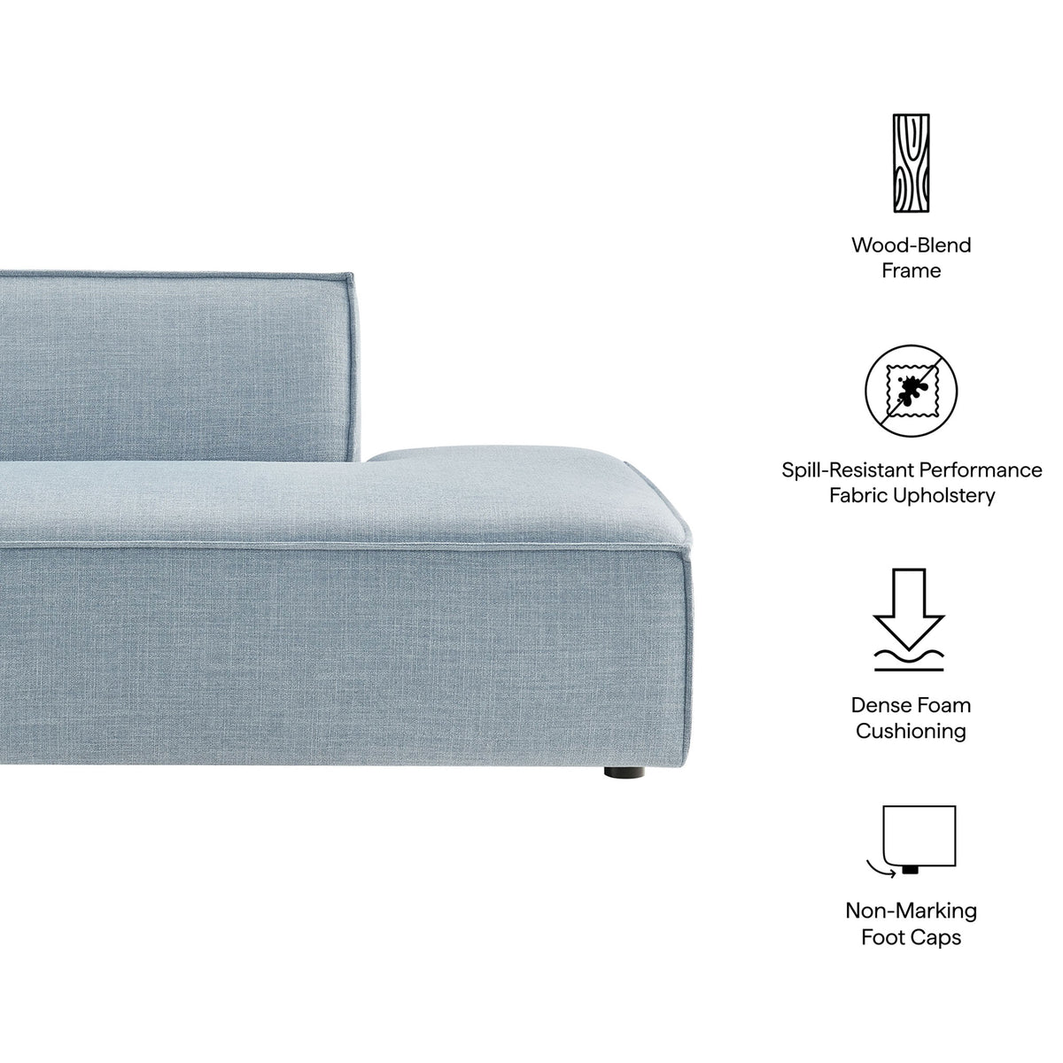 Performance fabric, dense foam support, and non-marking feet enhance this chaise || EEI-7388-SKY || callout_studio
