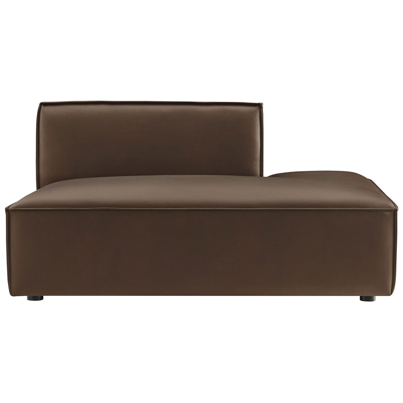 Espresso vegan leather right-facing chaise with low profile, broad lines, and French piping. || EEI-7389-ESP || front_studio