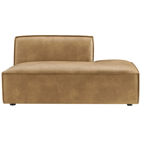 Low-profile right-facing chaise in toast vegan leather with clean lines and French piping || EEI-7389-TST || front_studio