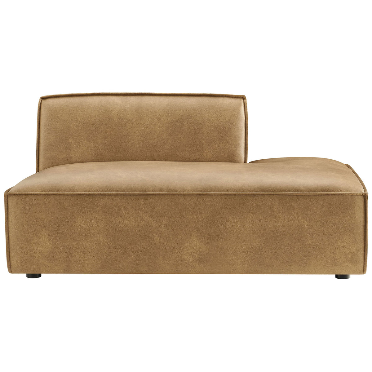 Low-profile right-facing chaise in toast vegan leather with clean lines and French piping || EEI-7389-TST || front_studio
