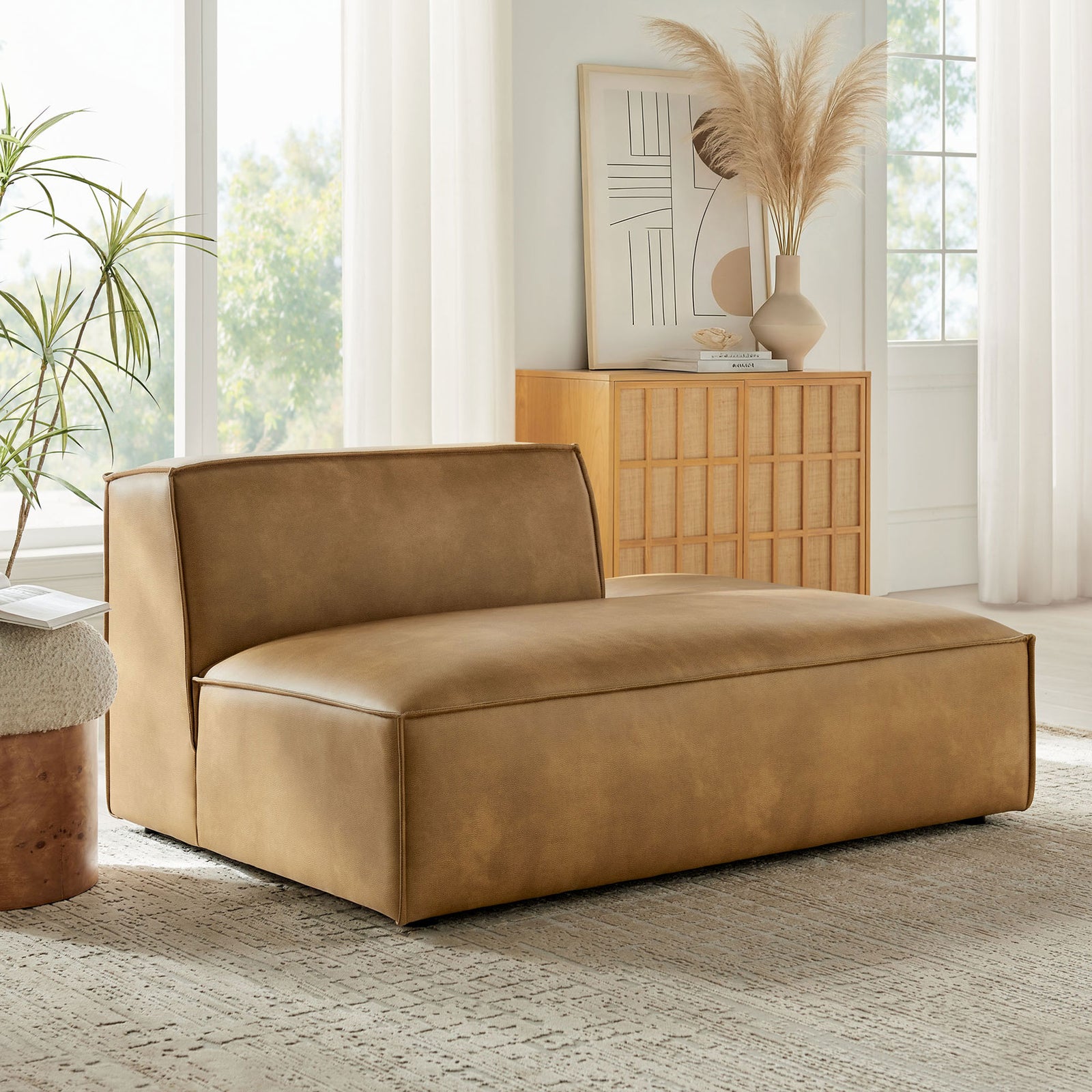 Right-facing chaise elevates the living room with soft vegan leather and a warm toast hue || EEI-7389-TST || front_angle_room