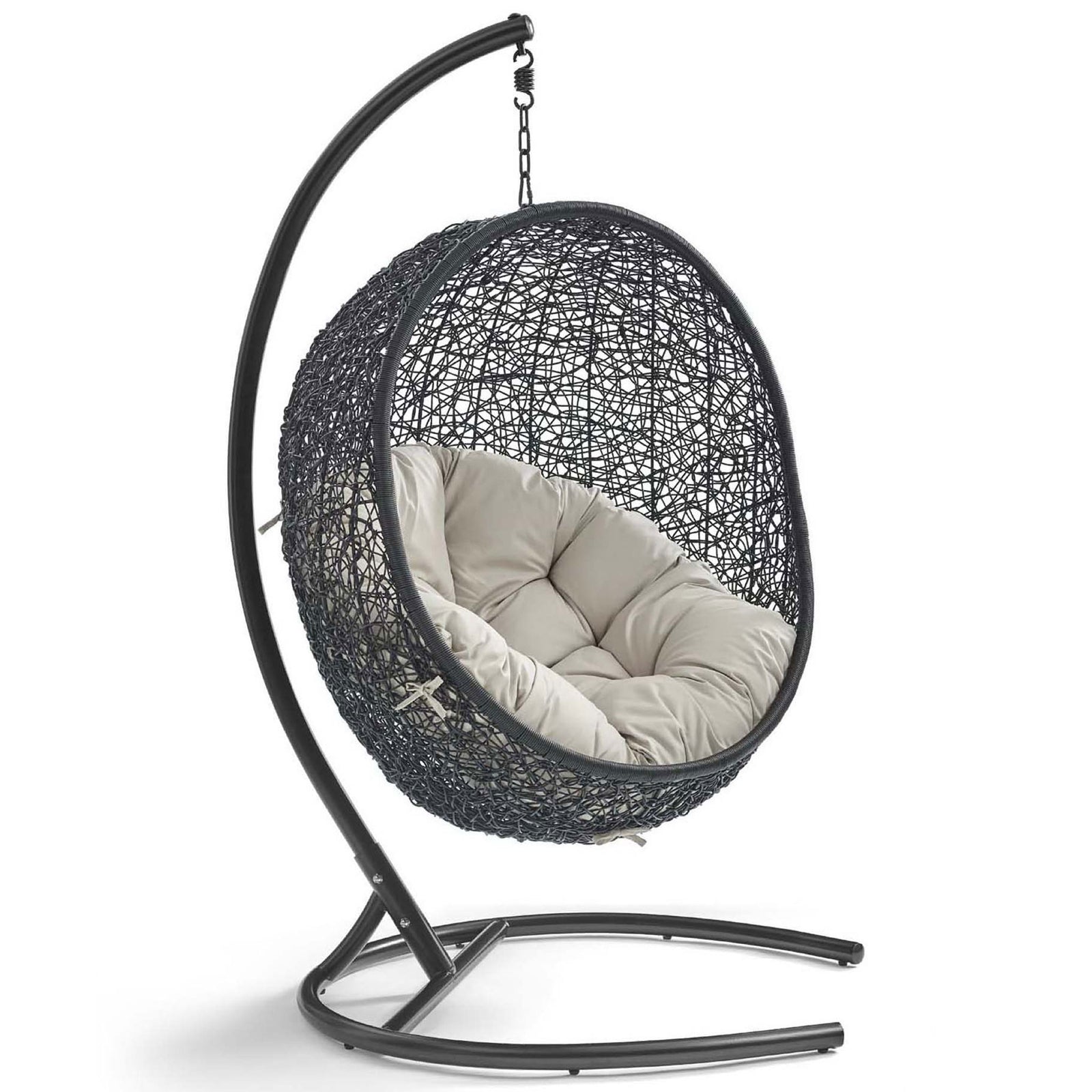 Beige cushioned wicker egg chair on espresso metal stand for cozy outdoor lounging || EEI-739-BEI-SET || front_angle_studio