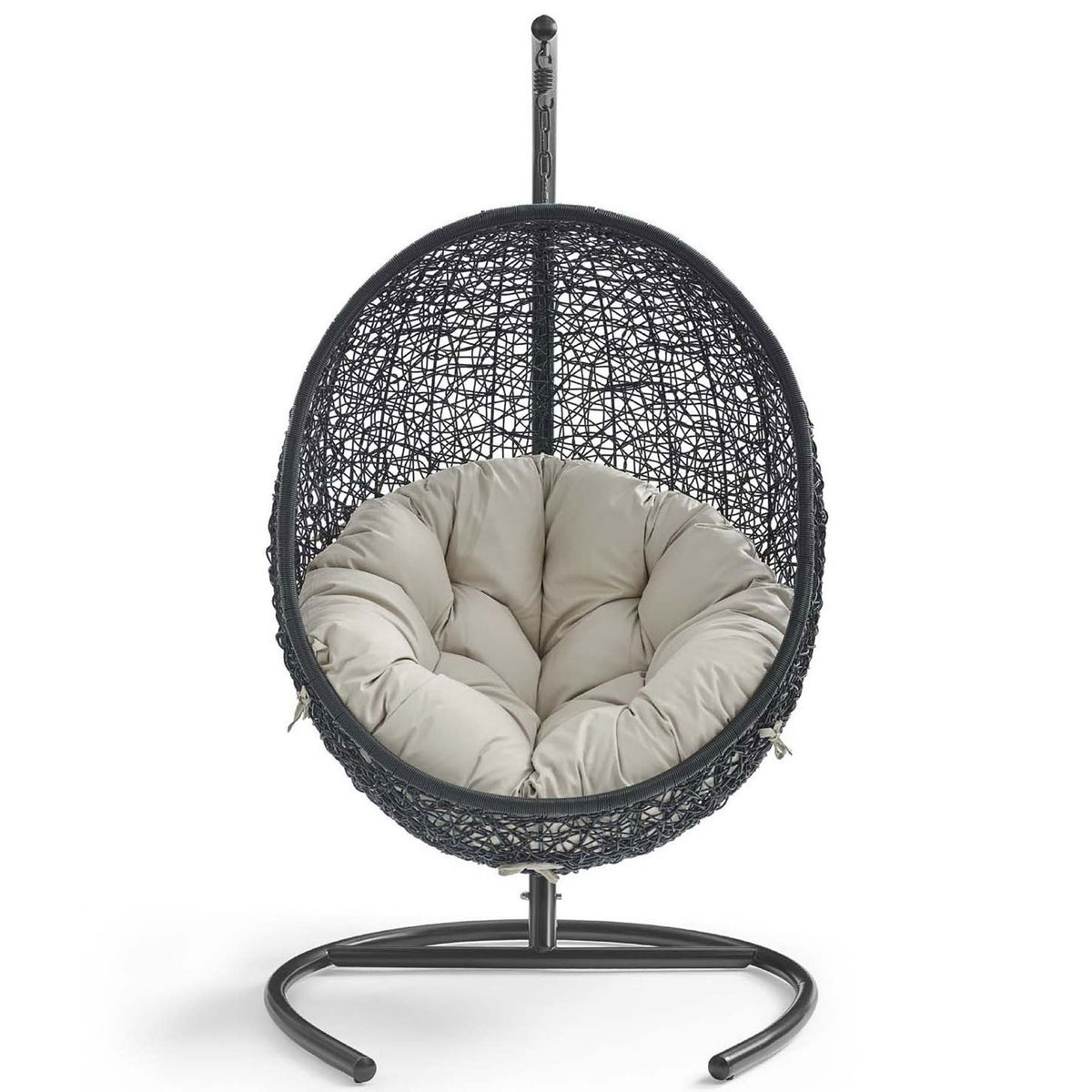 Plush tufted beige cushion nestles inside the rounded wicker lounge chair on sleek stand || EEI-739-BEI-SET || front_studio